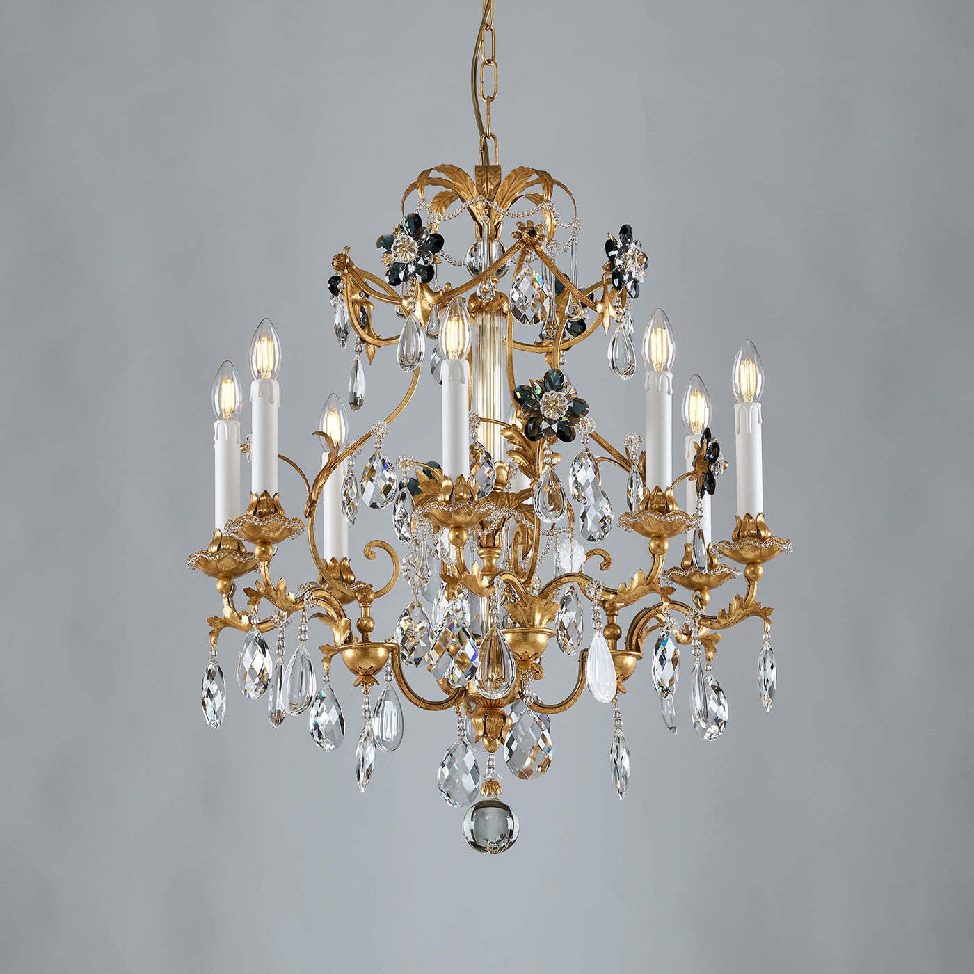 Gold Leaf Metal and Fumè Crystal Flowers 8-light Chandelier - Alternative view 1