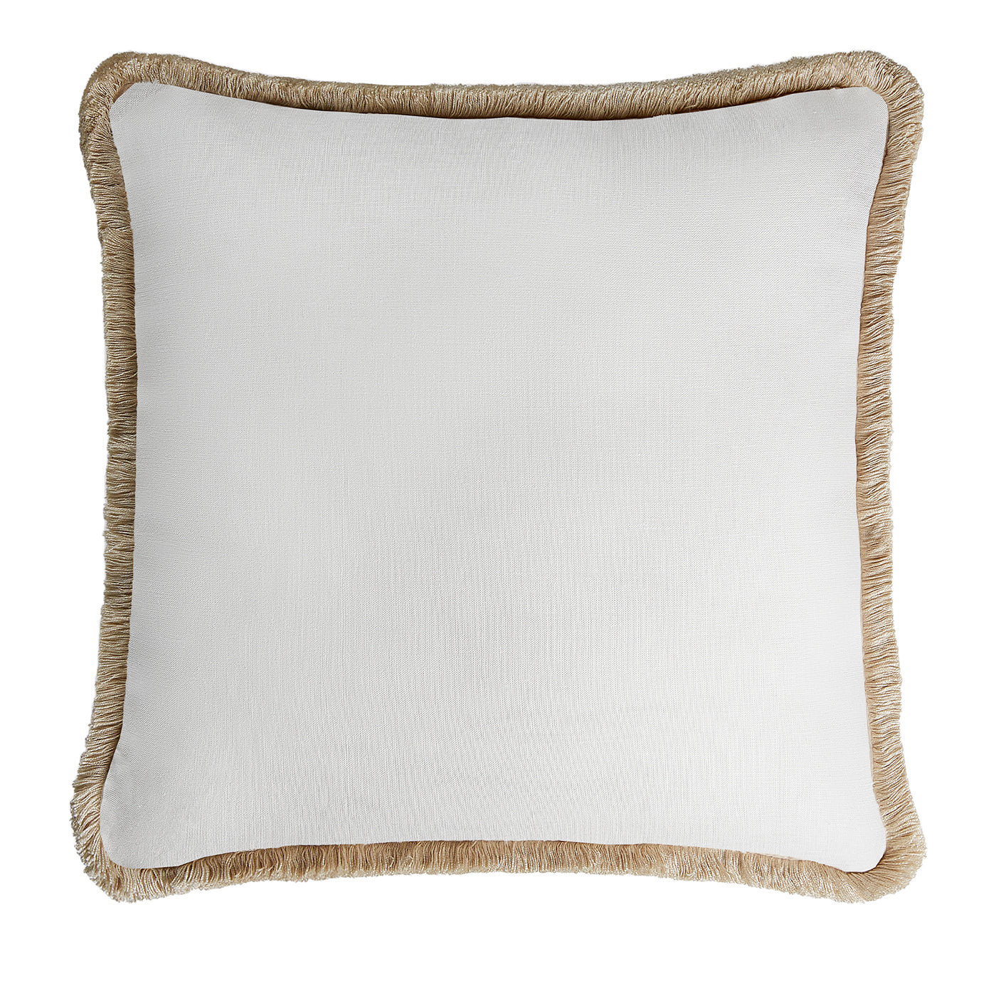 White With Beige Fringes Happy Linen Cushion - Main view