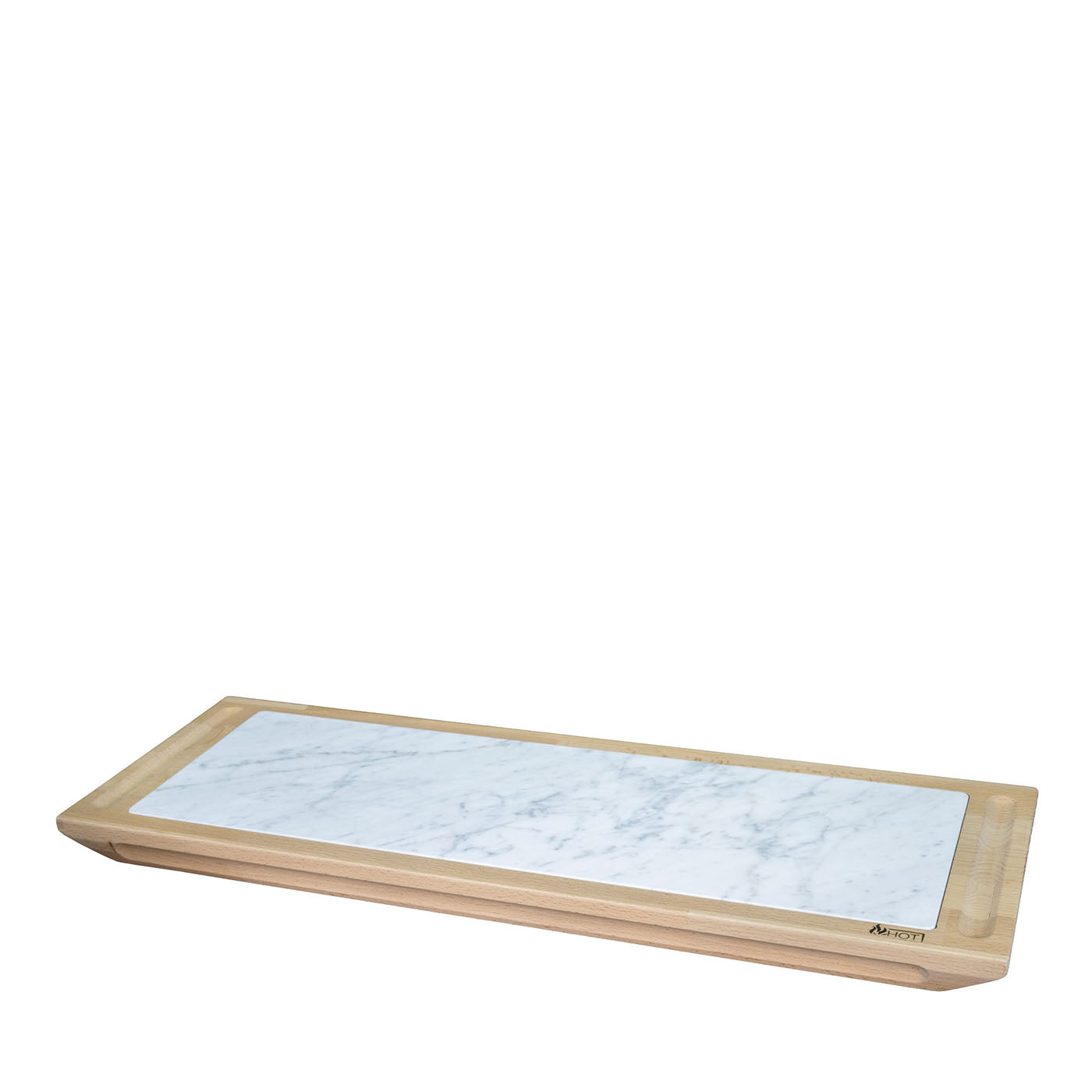Flaches großes Statuario-Tablett mit Holzsockel - Hauptansicht