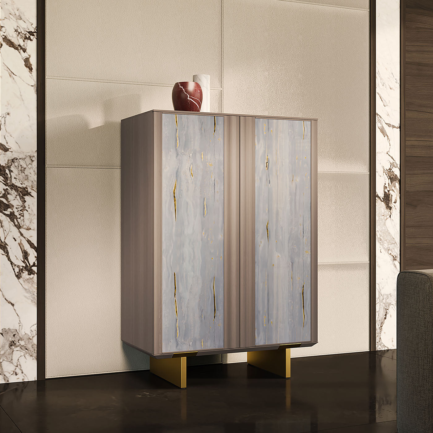 Solferino Canaletto walnut Concrete gray-blue glass doors sideboard - Alternative view 5