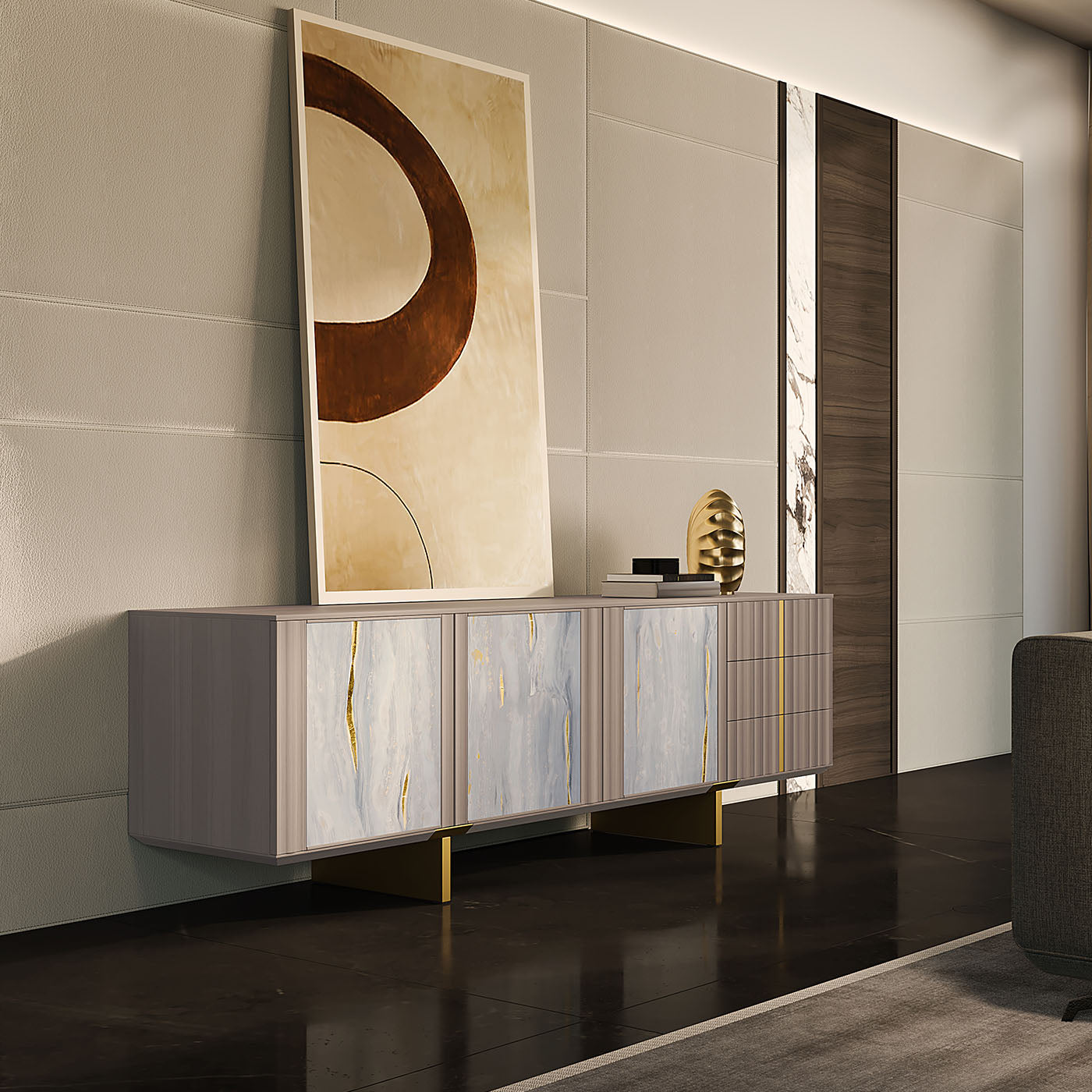 Solferino walnut Concrete top wood doors art glass gray-blue sideboard - Alternative view 5