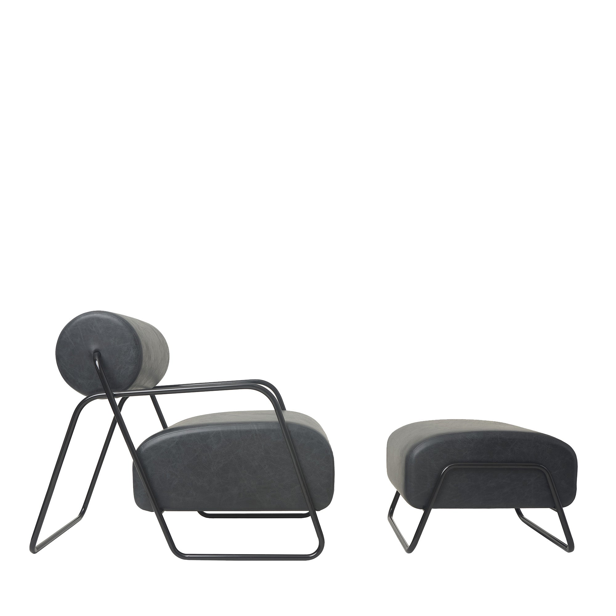 Kate Black Leather Lounge Chair and Pouf - Main view