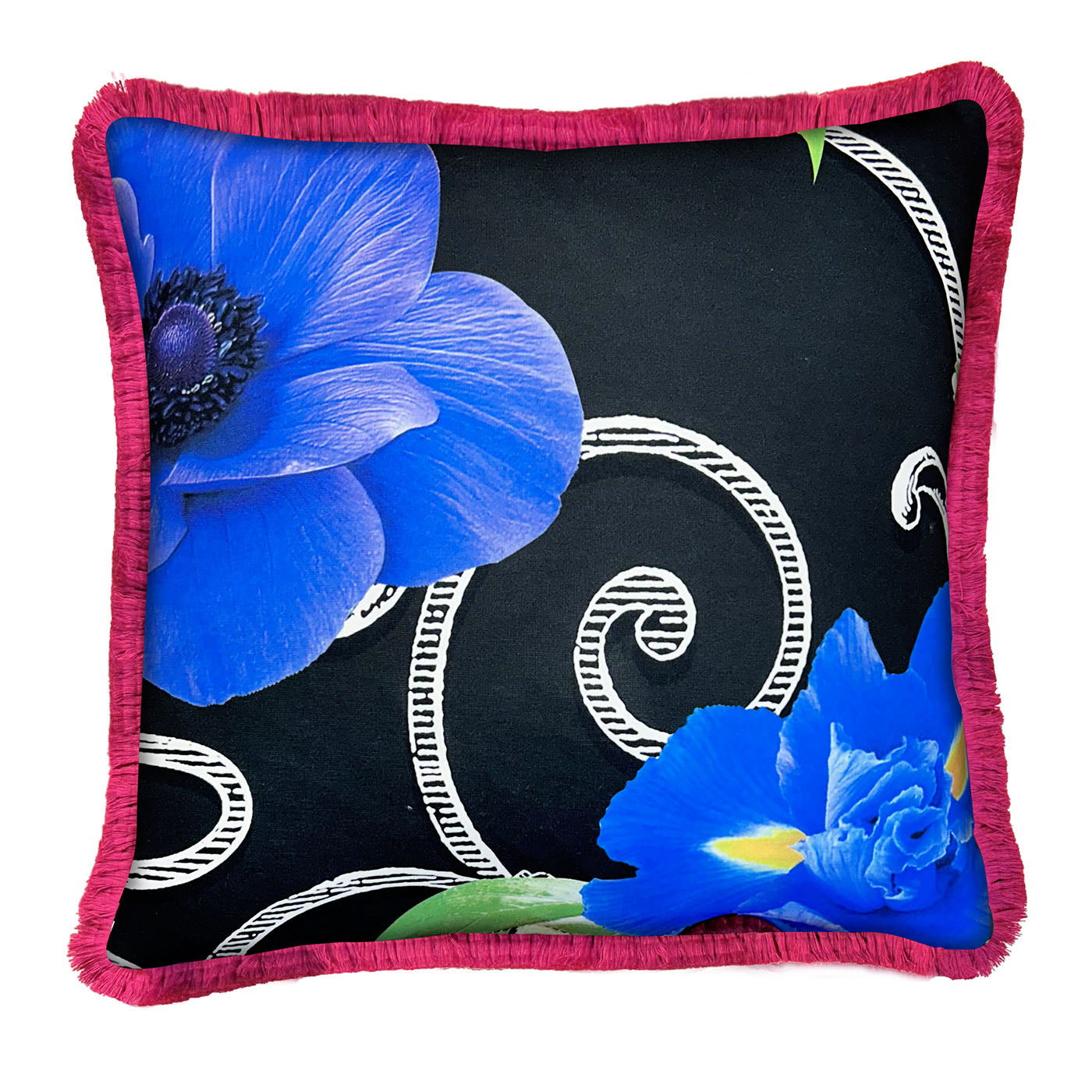 Coussin carré à fleurs noires frangées de Carlo Rampazzi - Vue alternative 1