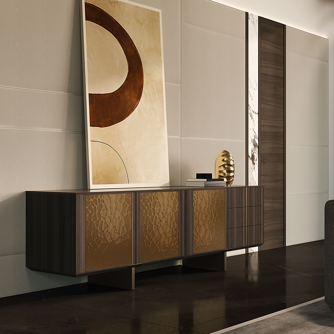 Solferino walnut finish Burnished top Gres Emperador metal doors bronze color sideboard  - Alternative view 5