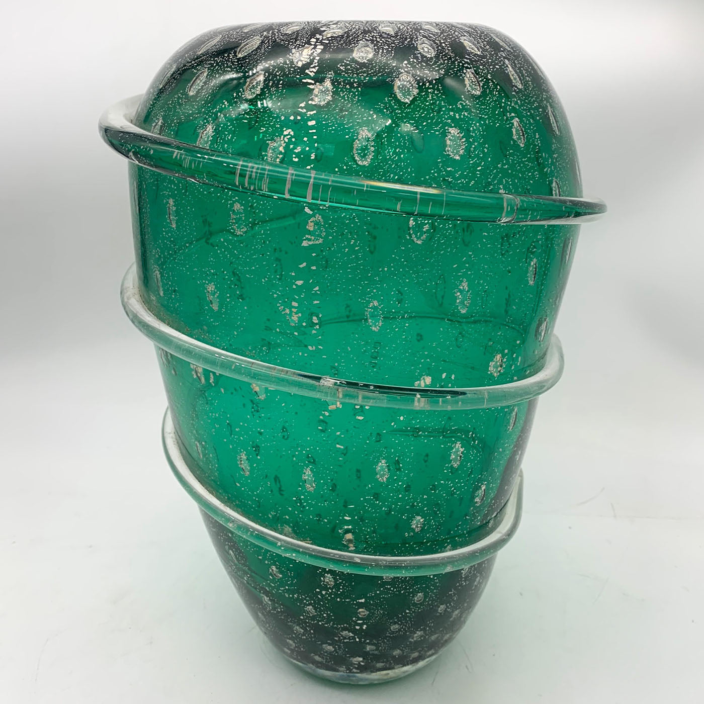 Vaso decorativo anni '80 verde con foglie d'argento - Vista alternativa 1