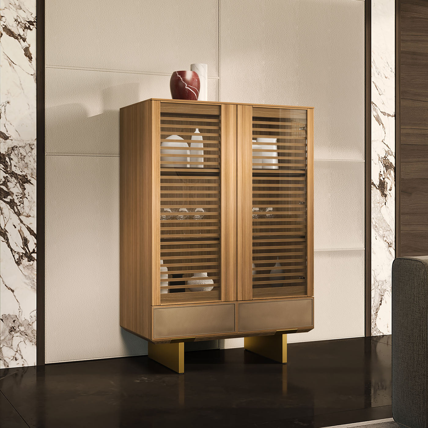 Solferino walnut Canaletto natural glass doors slats drawer leather Sideboard - Alternative view 5