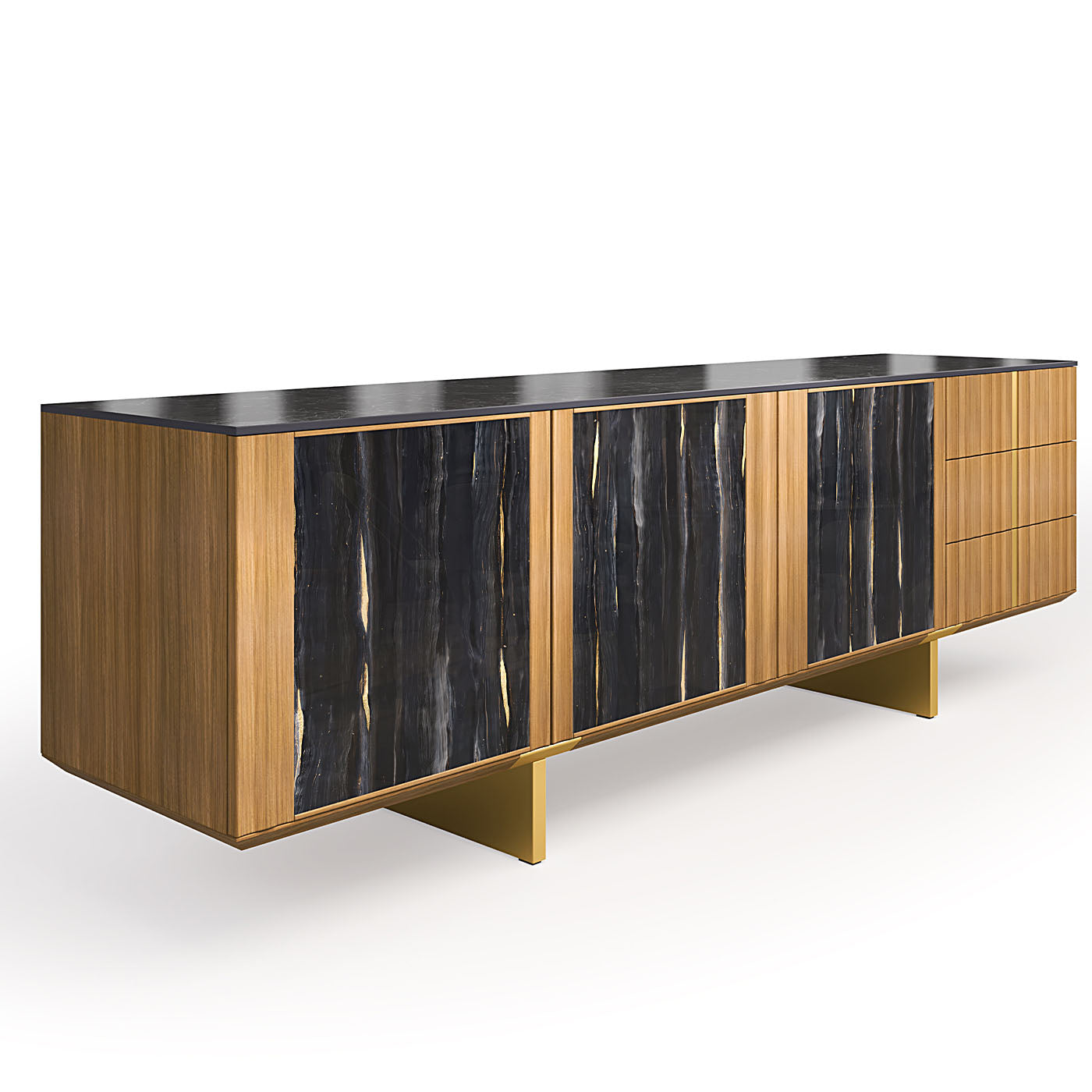 Solferino natural walnut stoneware top Nero Greco art glass doors sideboard - Alternative view 3
