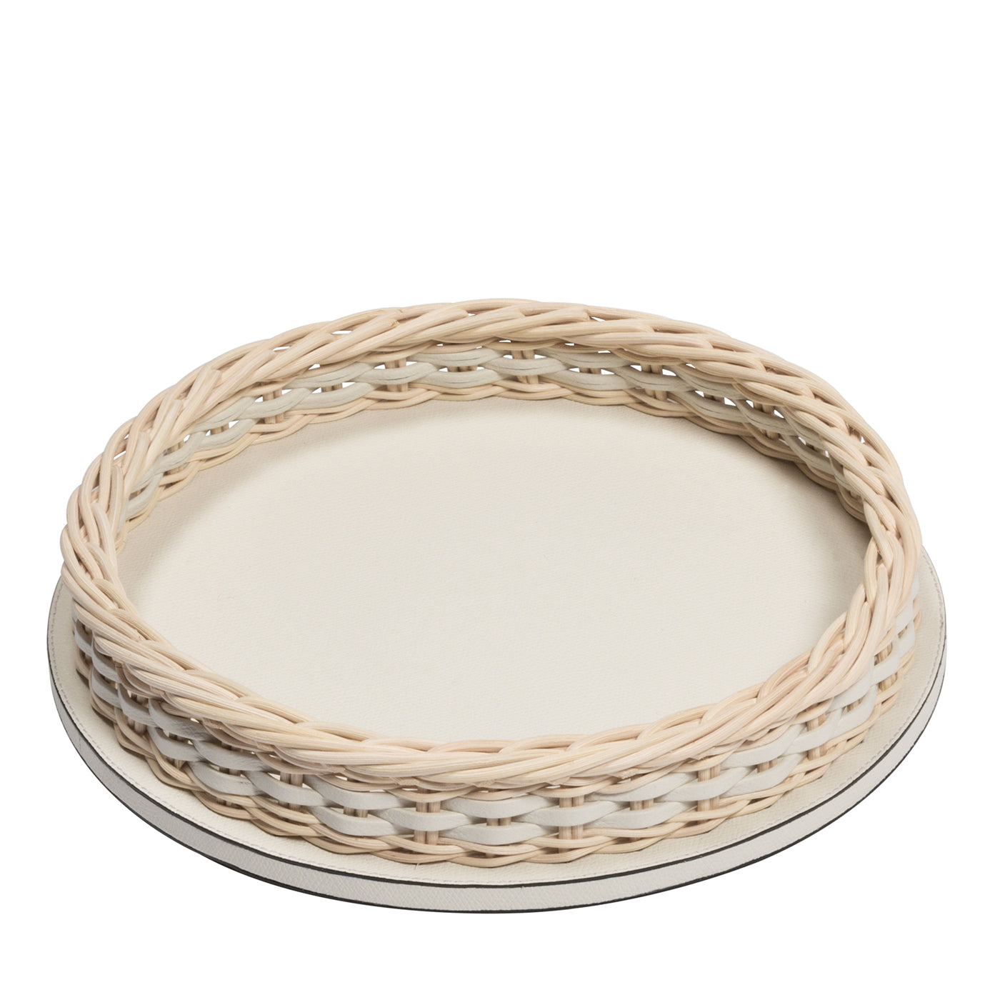 Orsay Cream Leather and Rattan Round Mini Tray - Main view