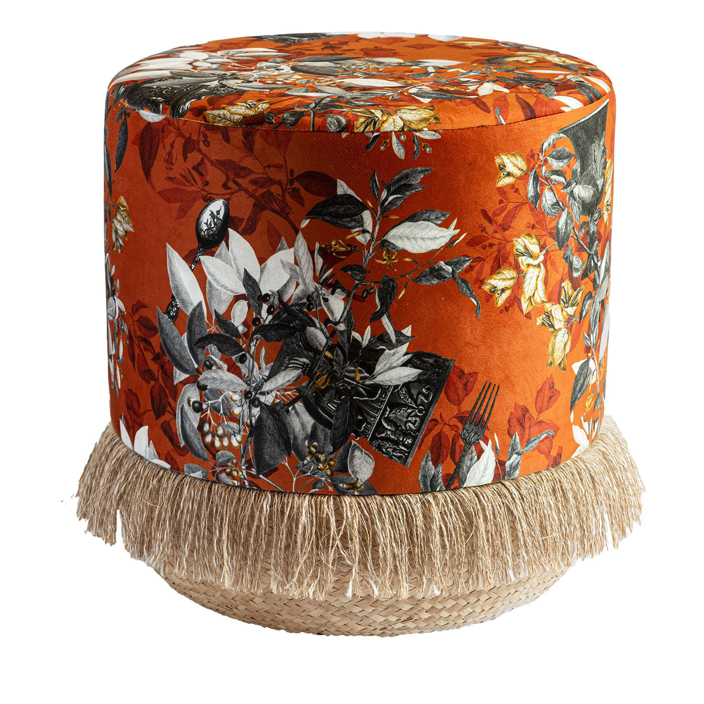 Primavera Romana Basket Base and Floral Design on Velvet Pouf  - Main view