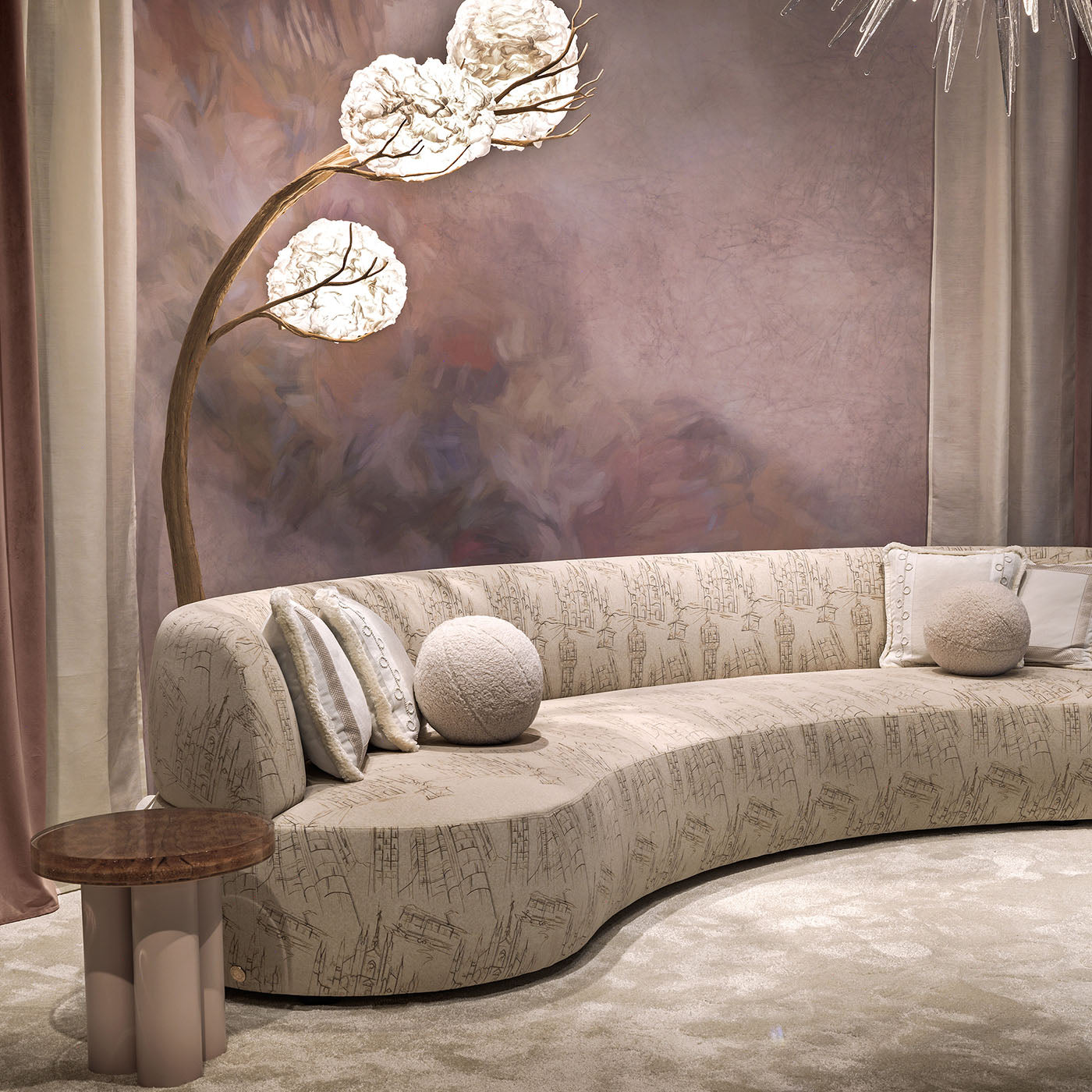 Duse Cityscape-Embroidered Beige Fabric Sofa - Alternative view 3