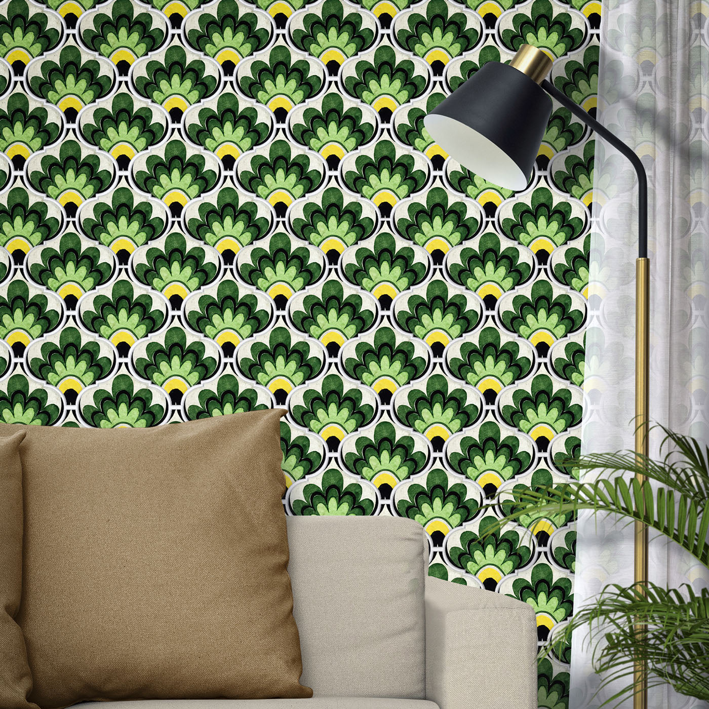 Composition de carreaux de céramique vert feuille avec motif floral - Vue alternative 1