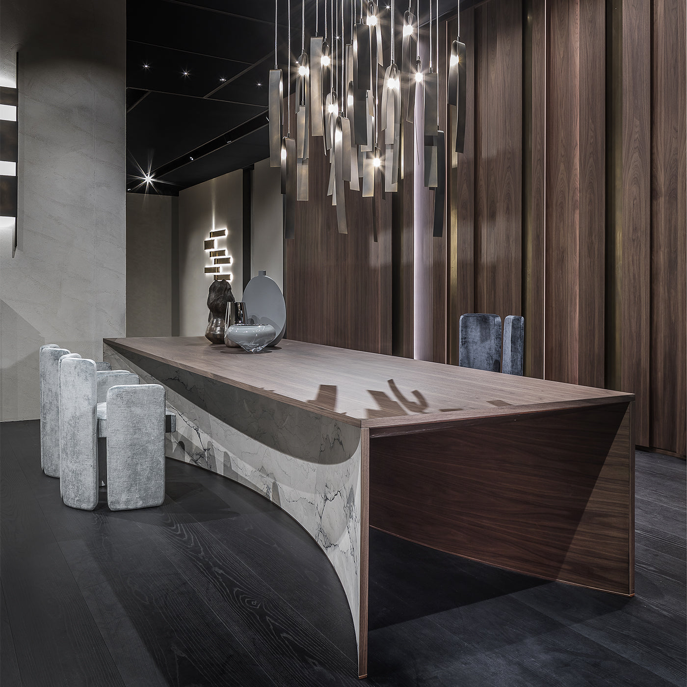 Mantica brown veneered wood with white marble slabs dining table - Alternative view 1