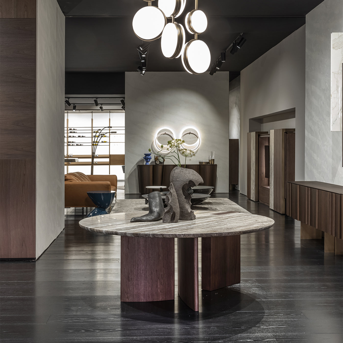 Antinomia T round marble and brown veneered base dining table - Alternative view 3