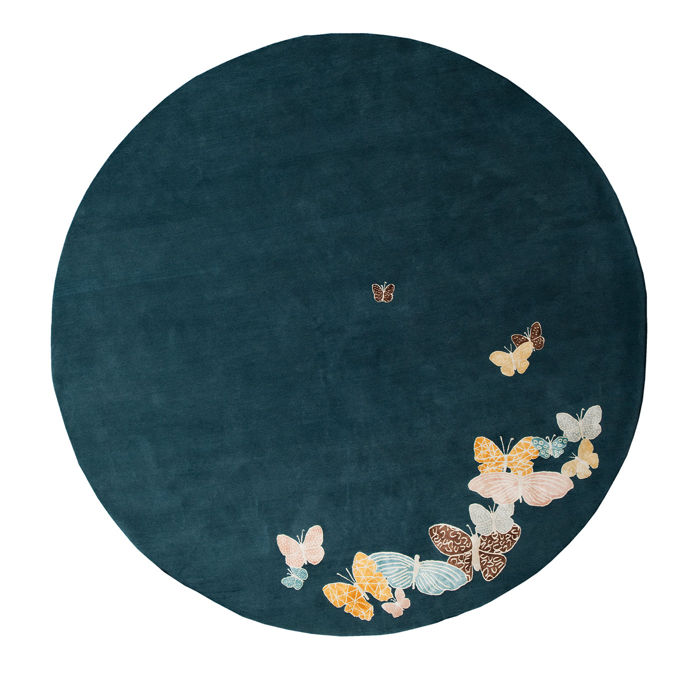 Spirit In The Night Sky Butterfly Blue Handmade Wool and Silk Round Rug - Main view
