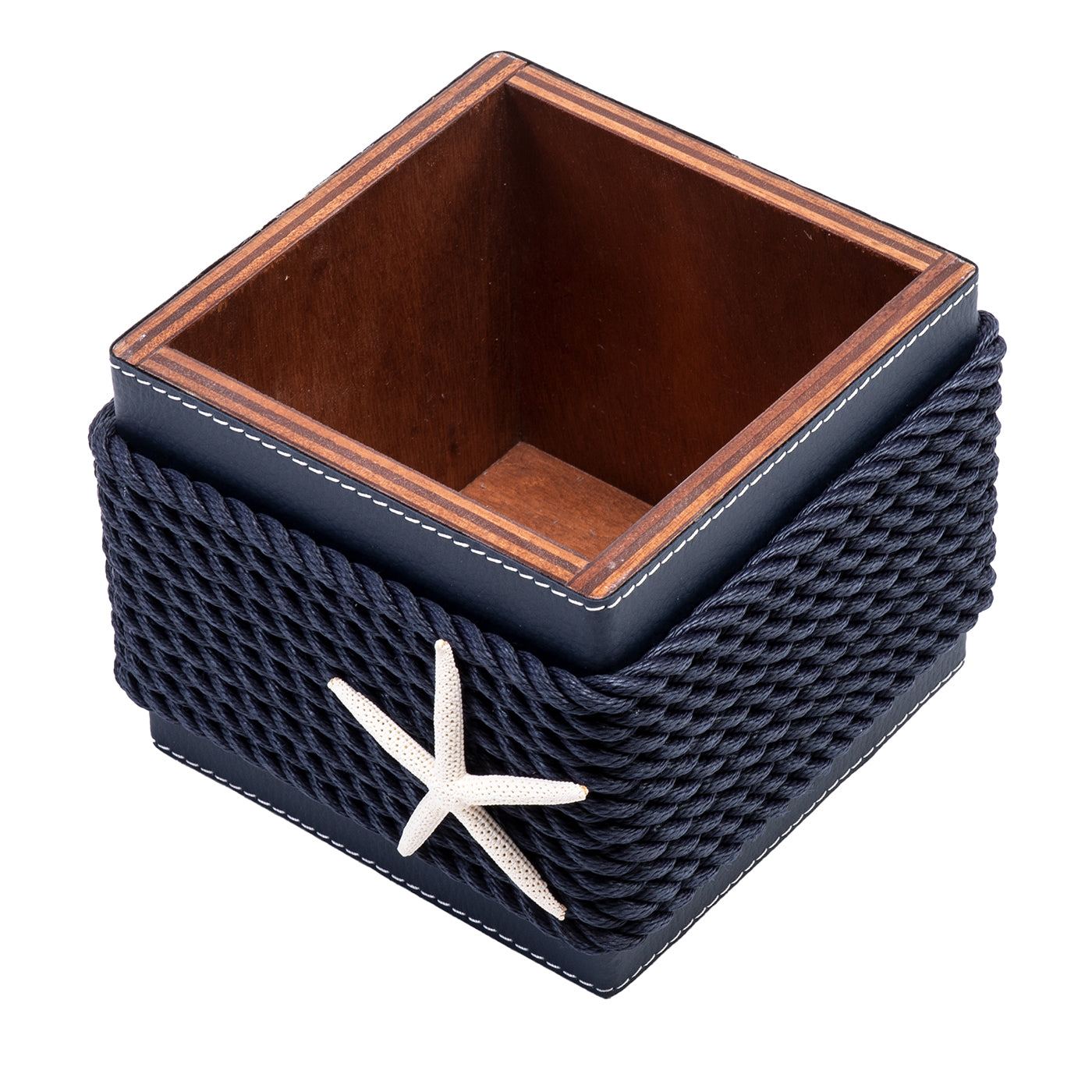Boîte en bois avec insertions en cuir écologique bleu et en corde - Vue principale