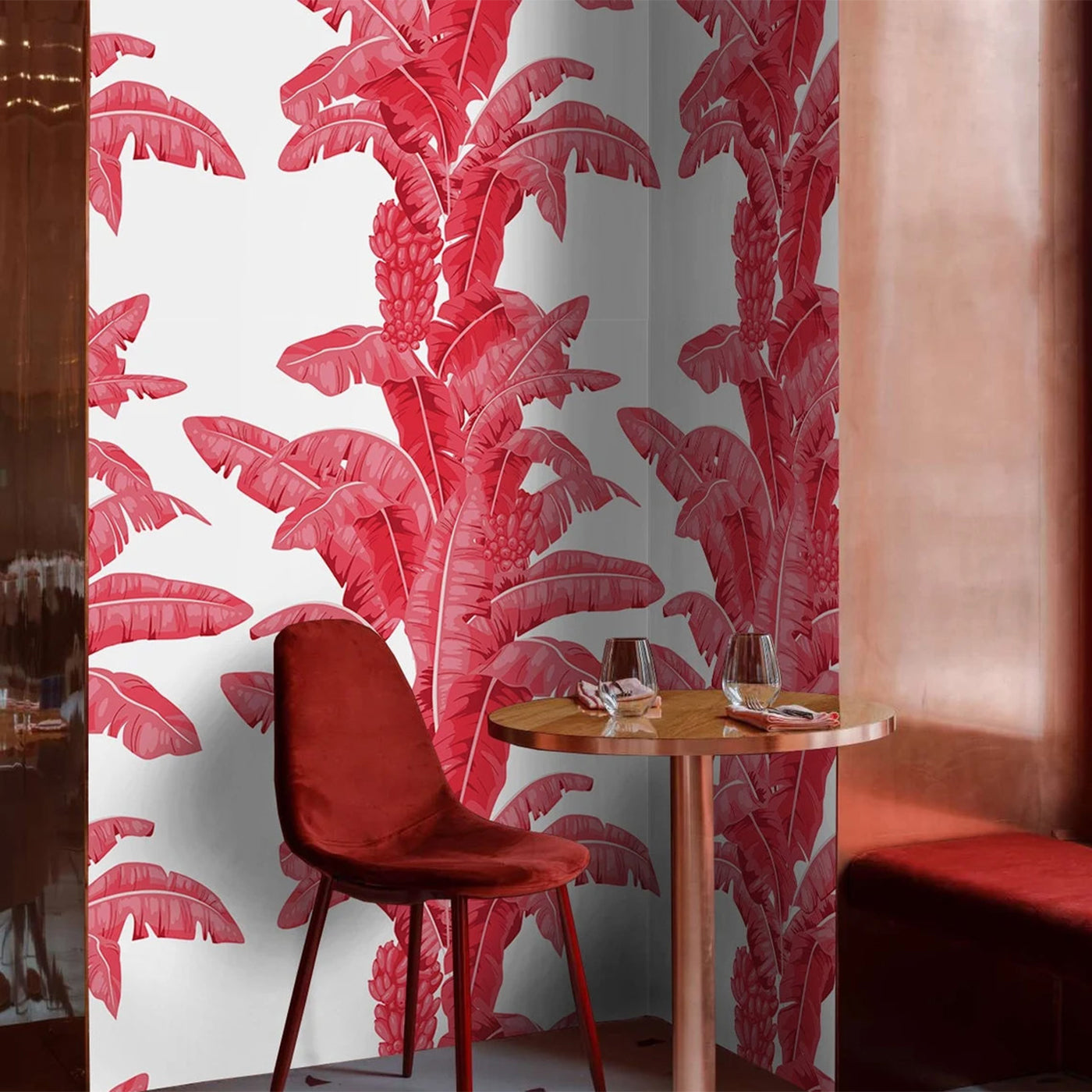 Tropische Palmenblatt-Tapete in Rot und Weiß - Alternative Ansicht 2