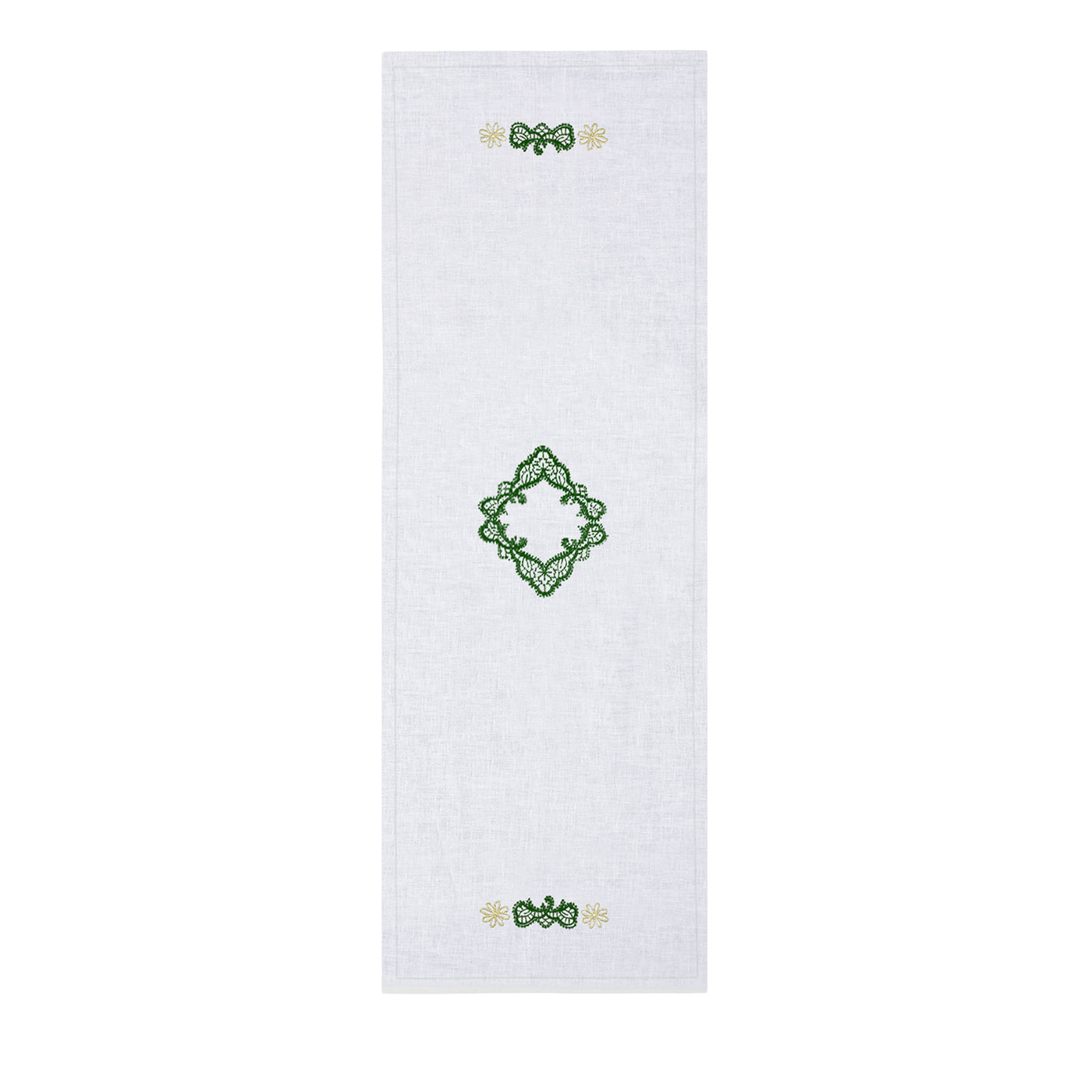 Rinascimento Green-Embroidered White Linen Table Runner - Main view