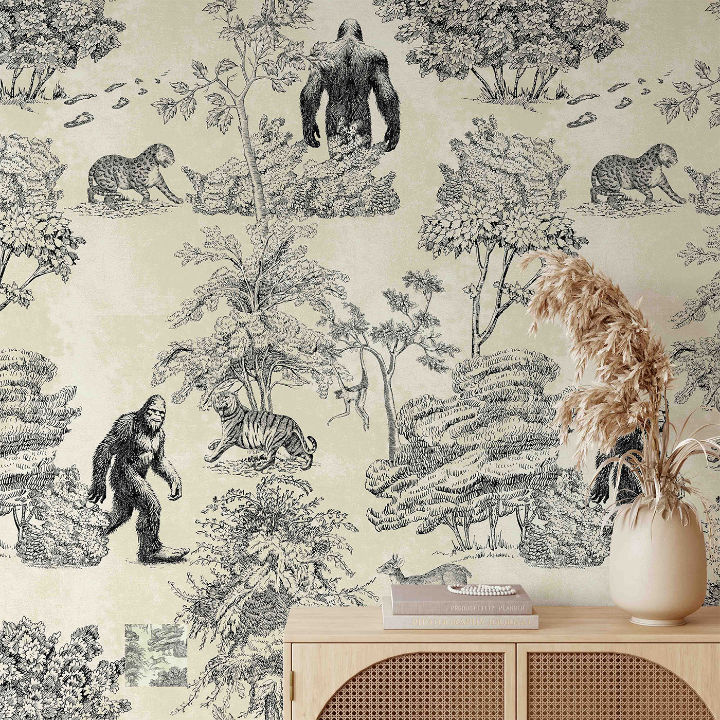 Sepia Tones Mystical Bigfoot Toile de Jouy Wallpaper - Alternative view 1