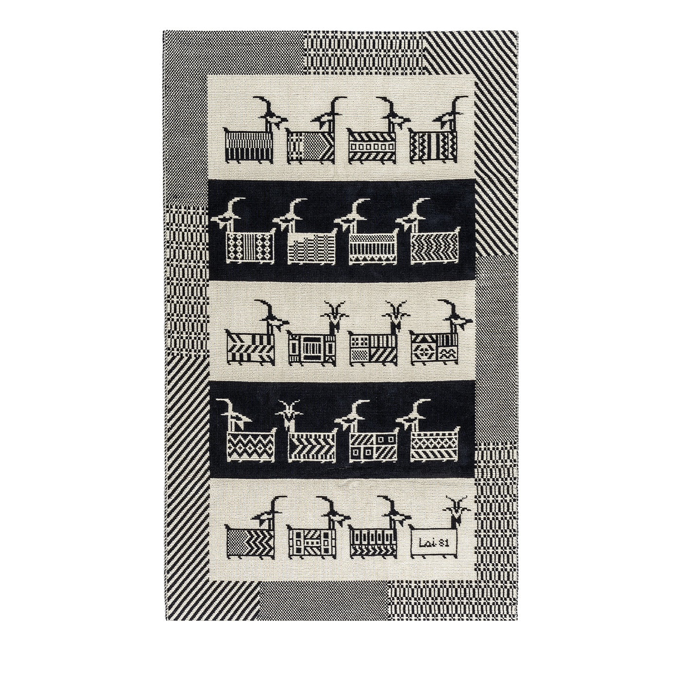 Tapiz rectangular en blanco y negro con cabras de Maria Lai - Vista principal