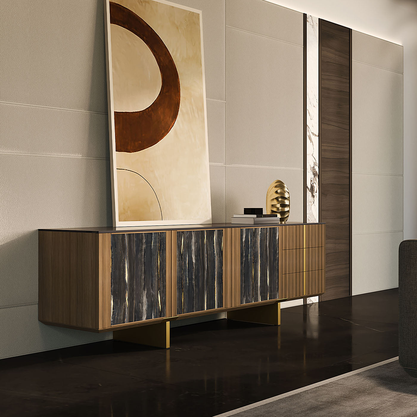 Solferino natural walnut stoneware top Nero Greco art glass doors sideboard - Alternative view 5