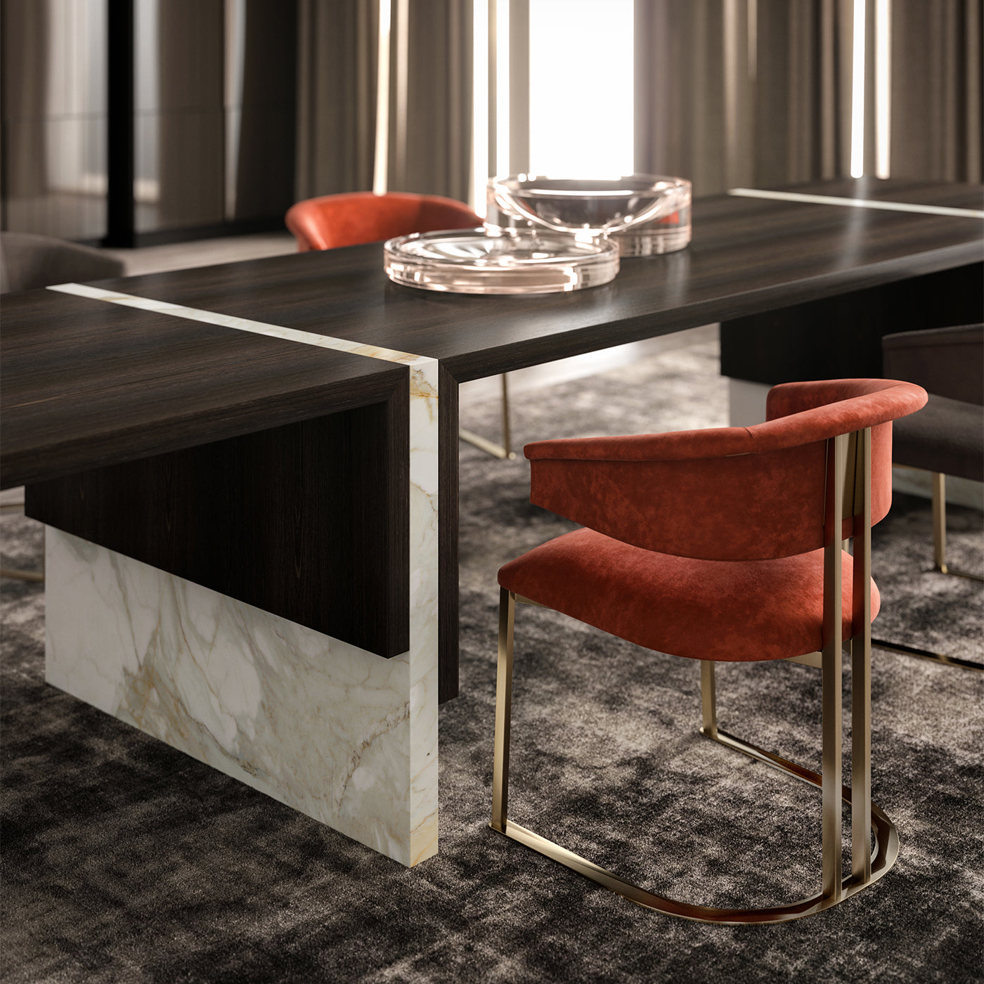 Cosmo brown veneered wood and white marble dining table - Alternative view 5