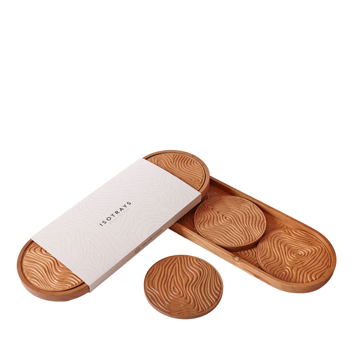 Isotrays Mont Blanc Topographic Set of 6 Cherry Wood Coasters - Main view