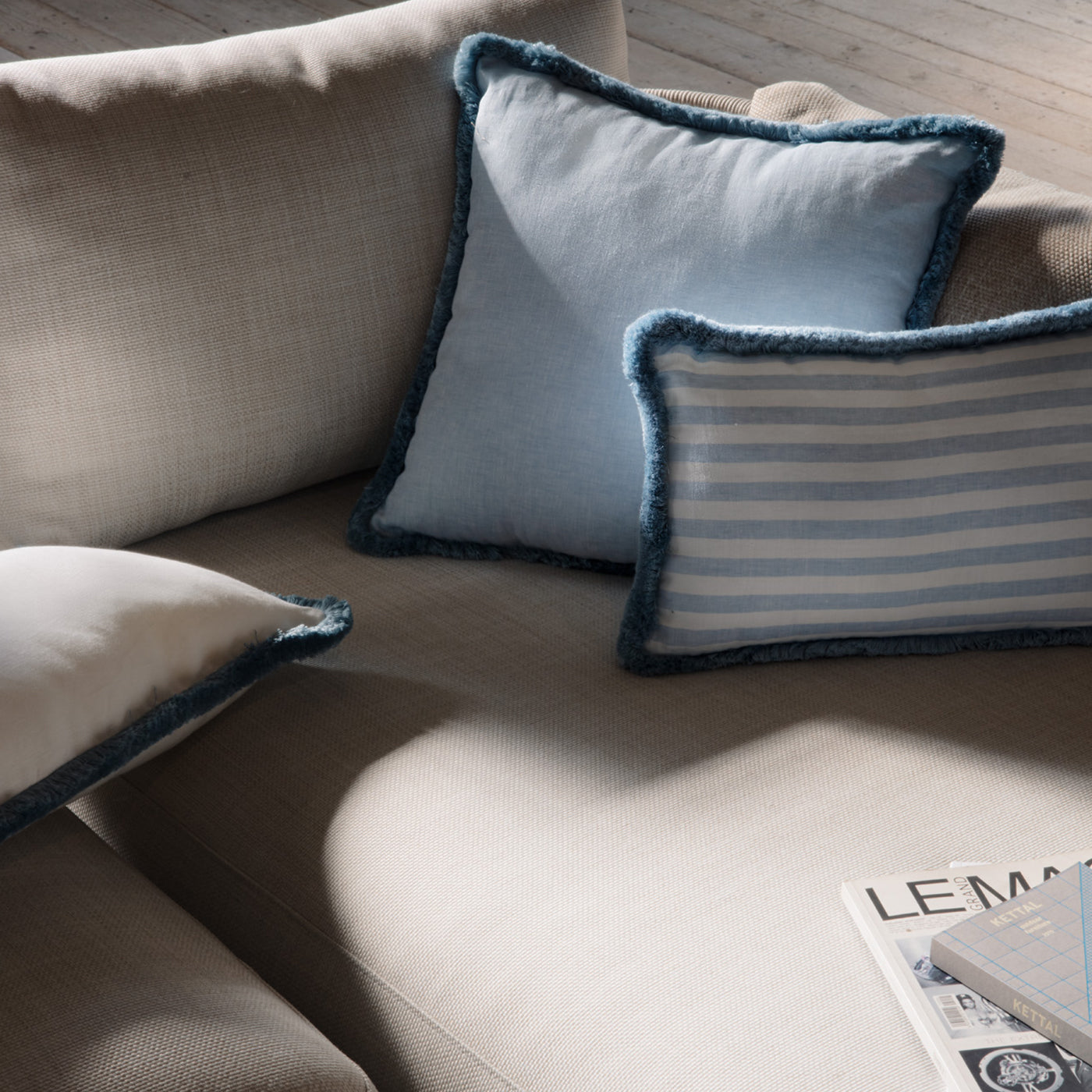 Striped White And Light Blue Happy Linen Cushion - Alternative view 2