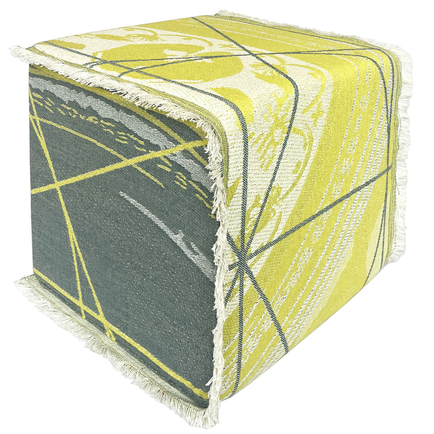 Reverso Fringed Cedar Yellow & Blue/Seaweed Green Jacquard Pouf - Alternative view 2