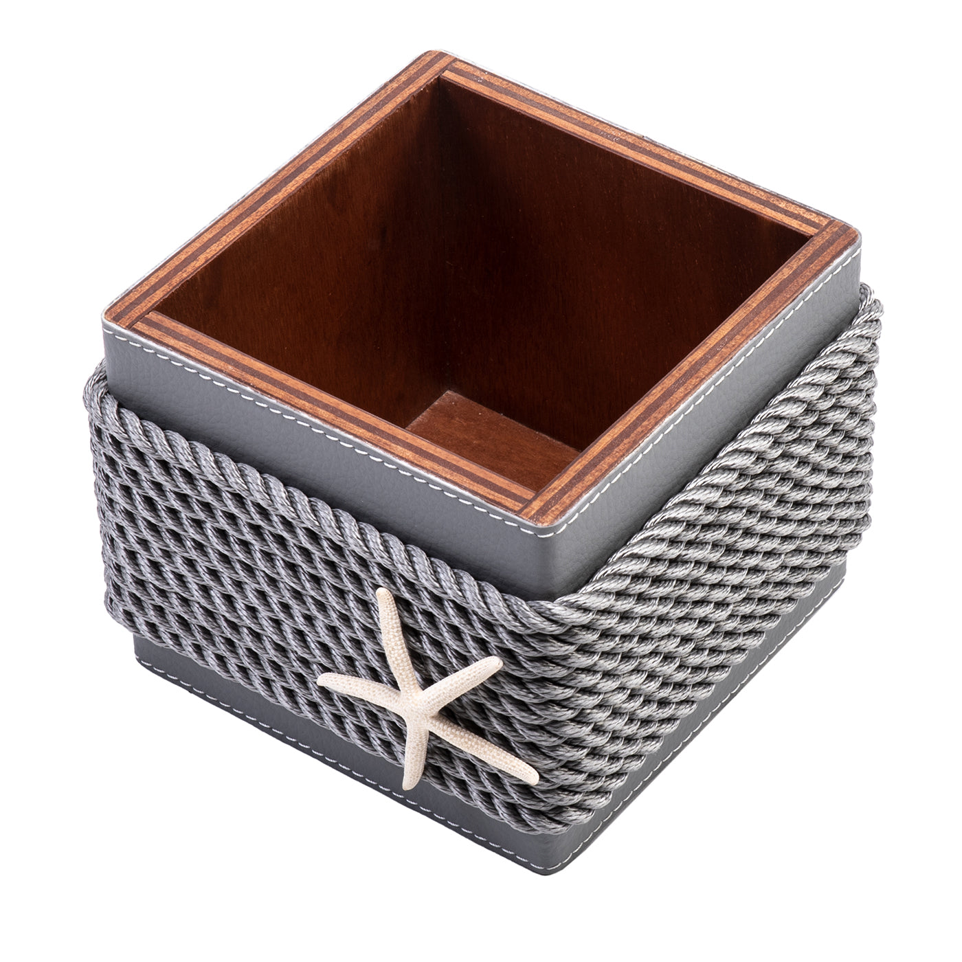 Caja de madera con inserciones de cuero ecológico gris y cuerda - Vista principal