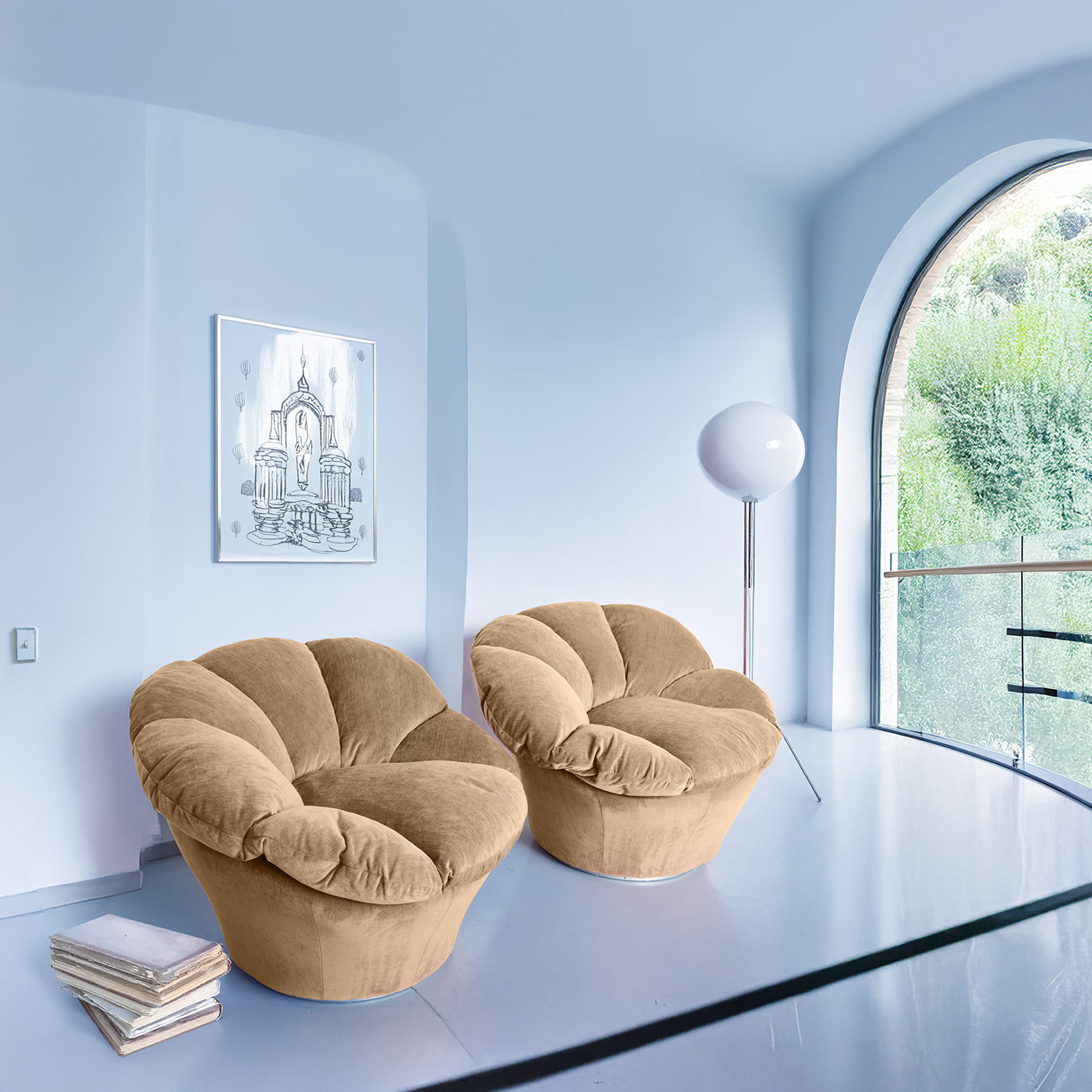 Twelve Round Caramel Beige Velvet Armchair - Alternative view 4