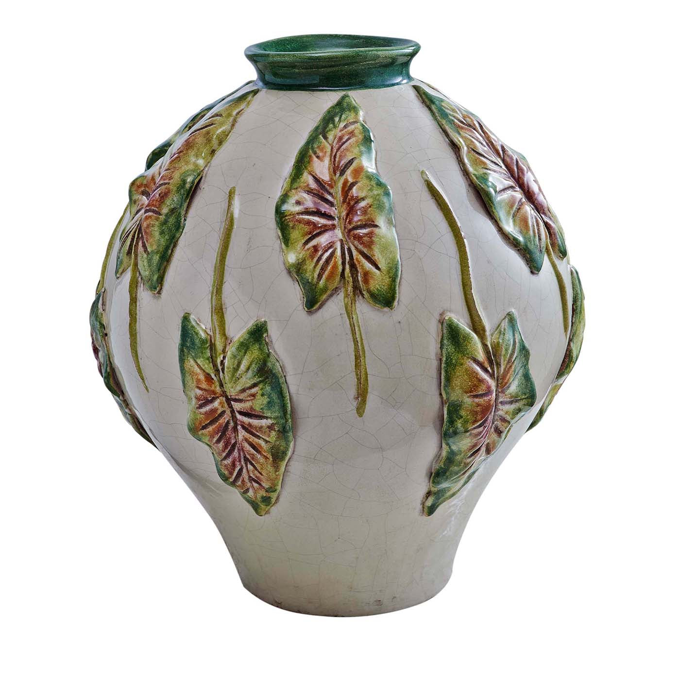 Keramikvase mit Blättern in Hochrelief - Hauptansicht