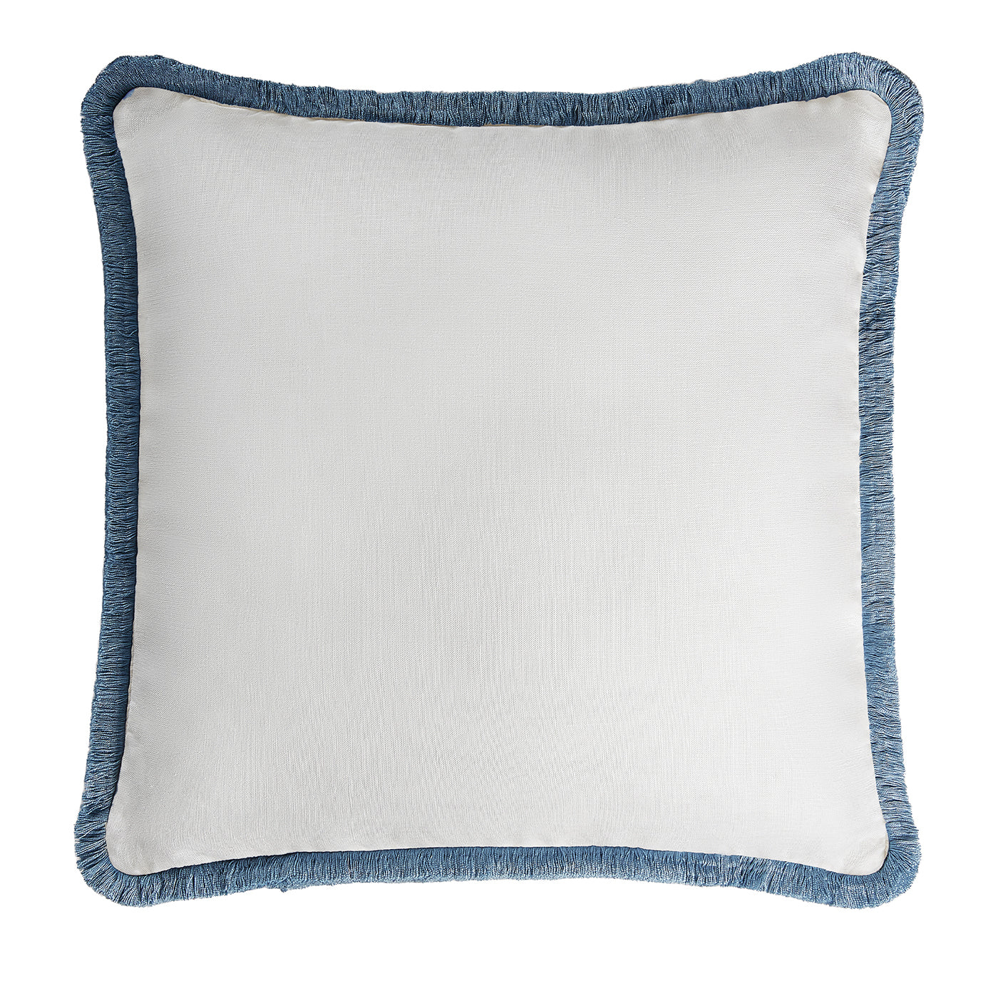 White With Light Blue Fringes Happy Linen Cushion - Main view