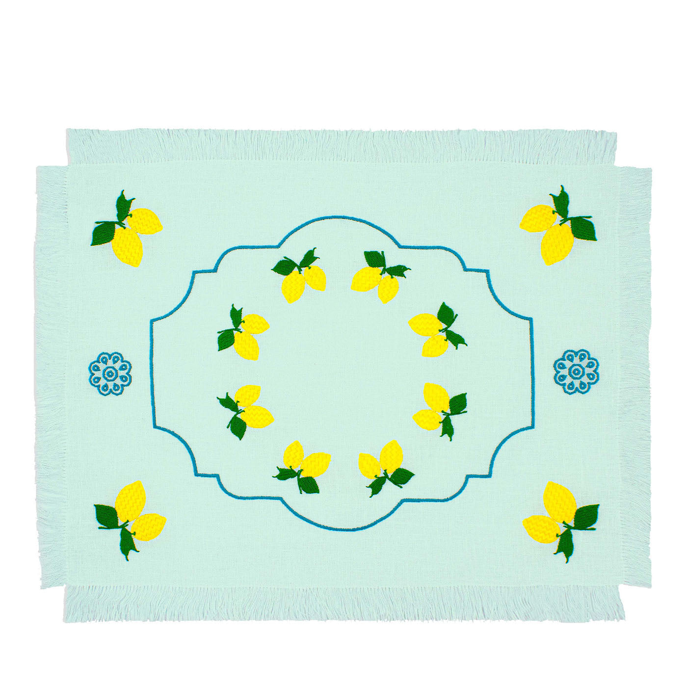 Limoni Set of 2 Embroidered Fringed Pastel-Green Table Mats - Main view
