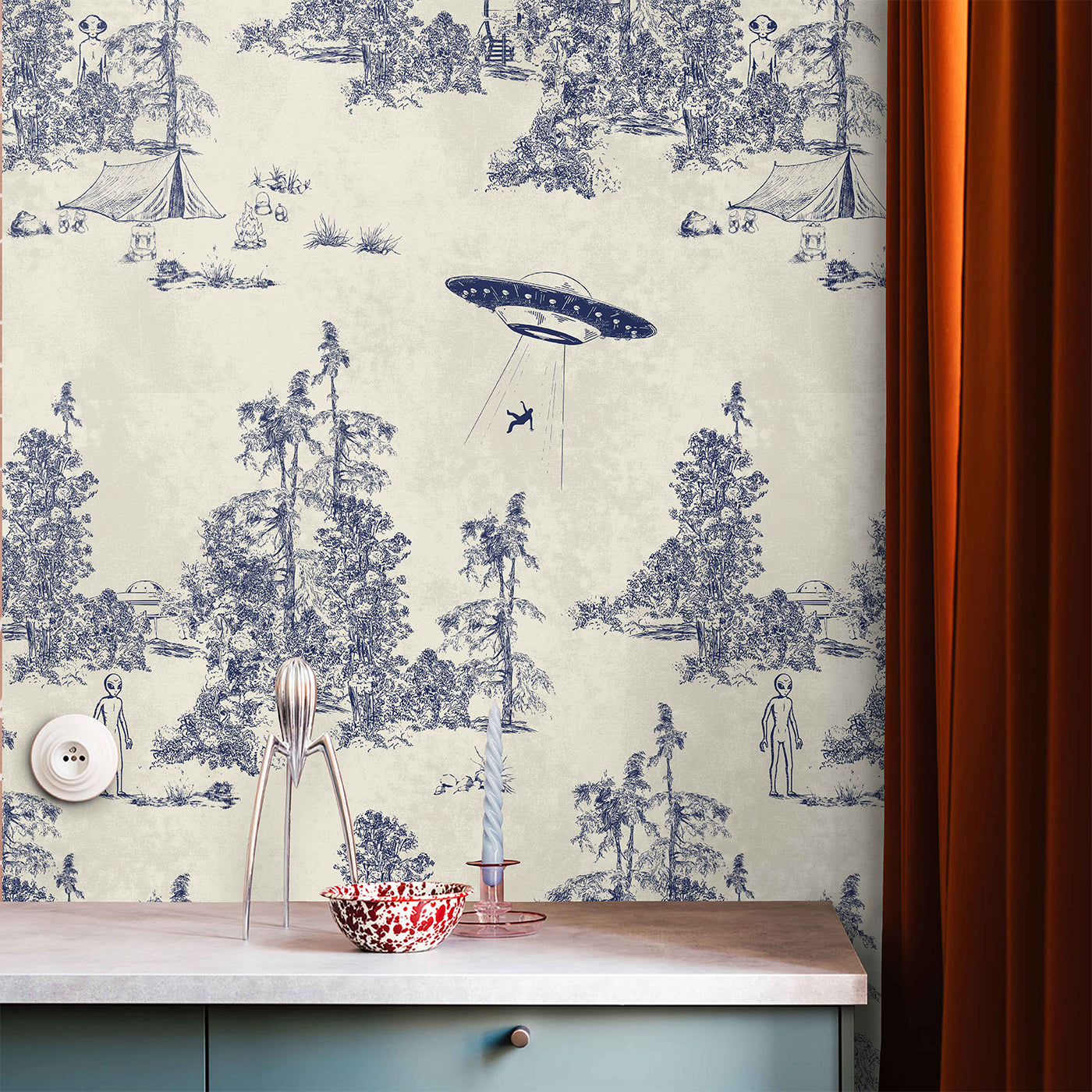 Blue Alien Abduction Toile de Jouy Wallpaper - Alternative view 1