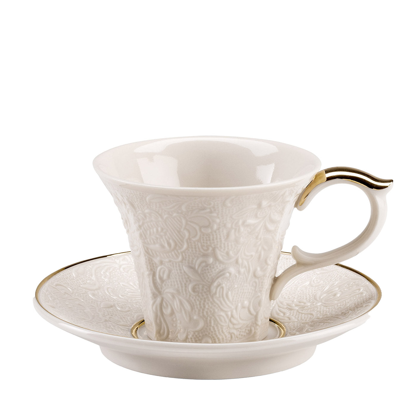 Damasco Taza de té blanca y dorada con platillo - Vista principal