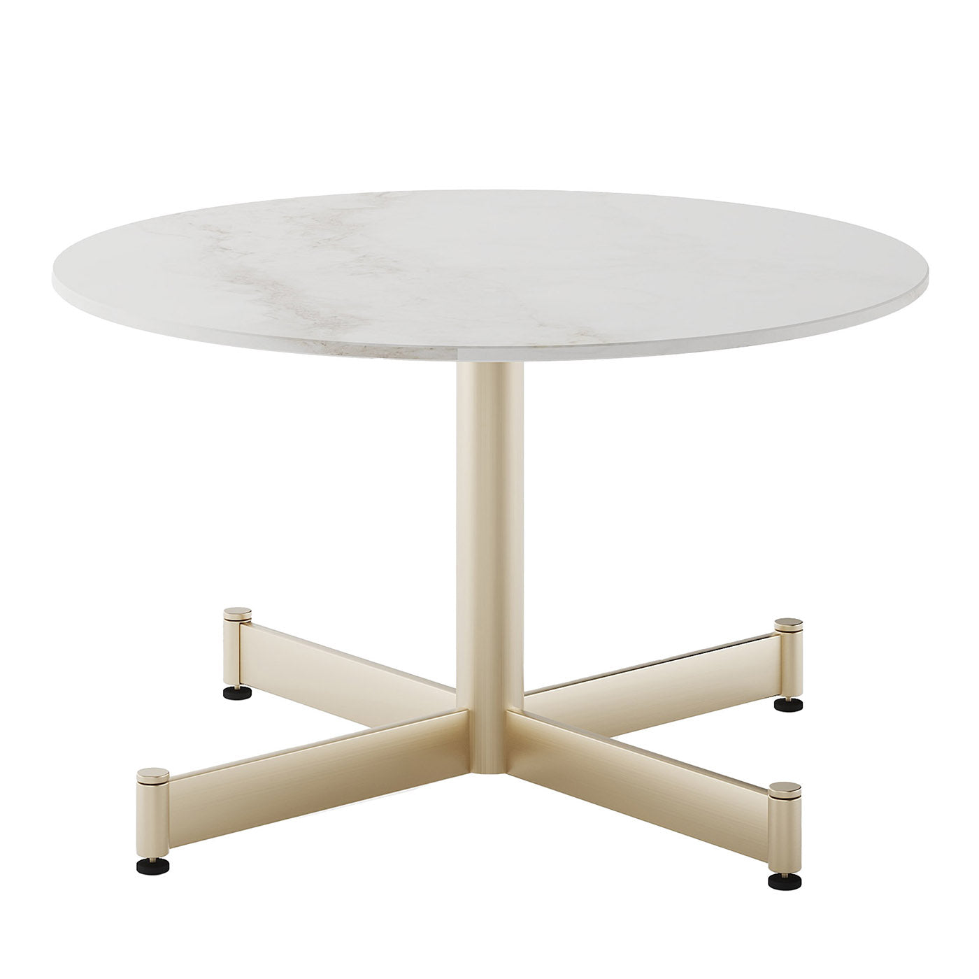 Mesa de centro Fly redonda con tapa de cerámica blanca y base de champán de Braid Design Lab - Vista principal