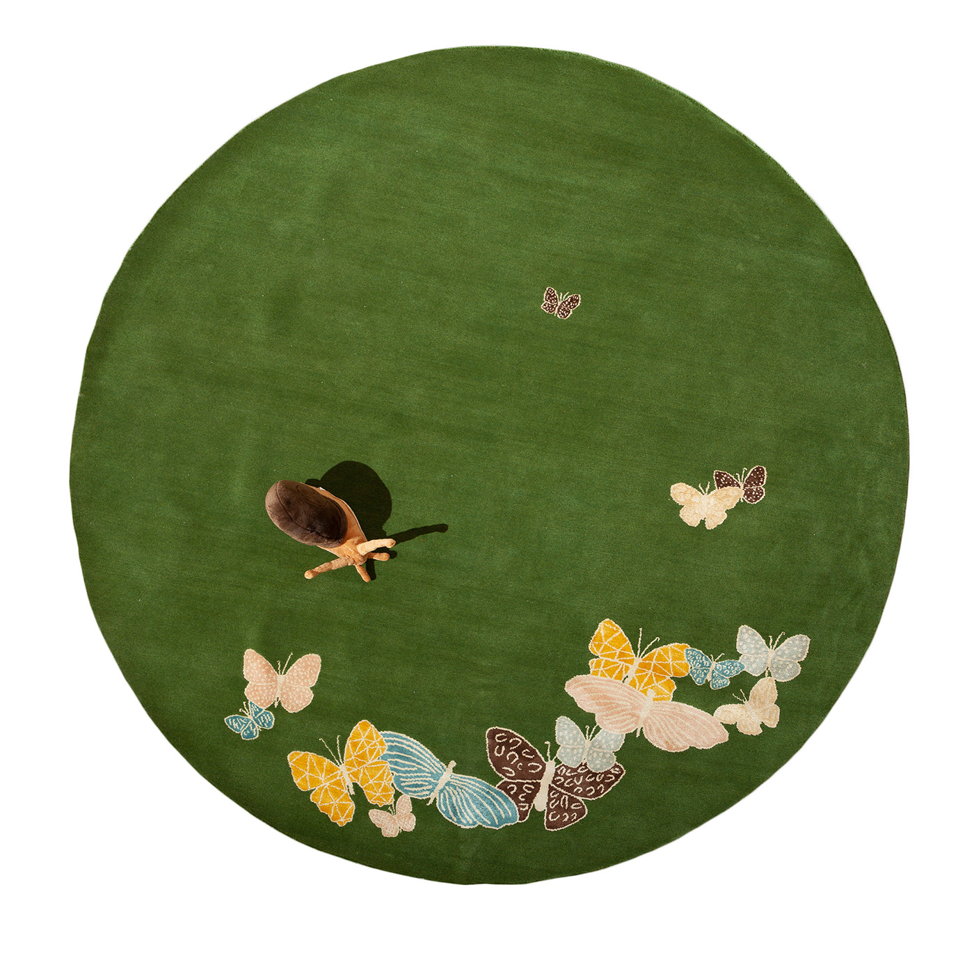 Spirit in the Sky Schmetterling Grün Handgefertigter Runder Teppich aus Wolle und Seide - Hauptansicht