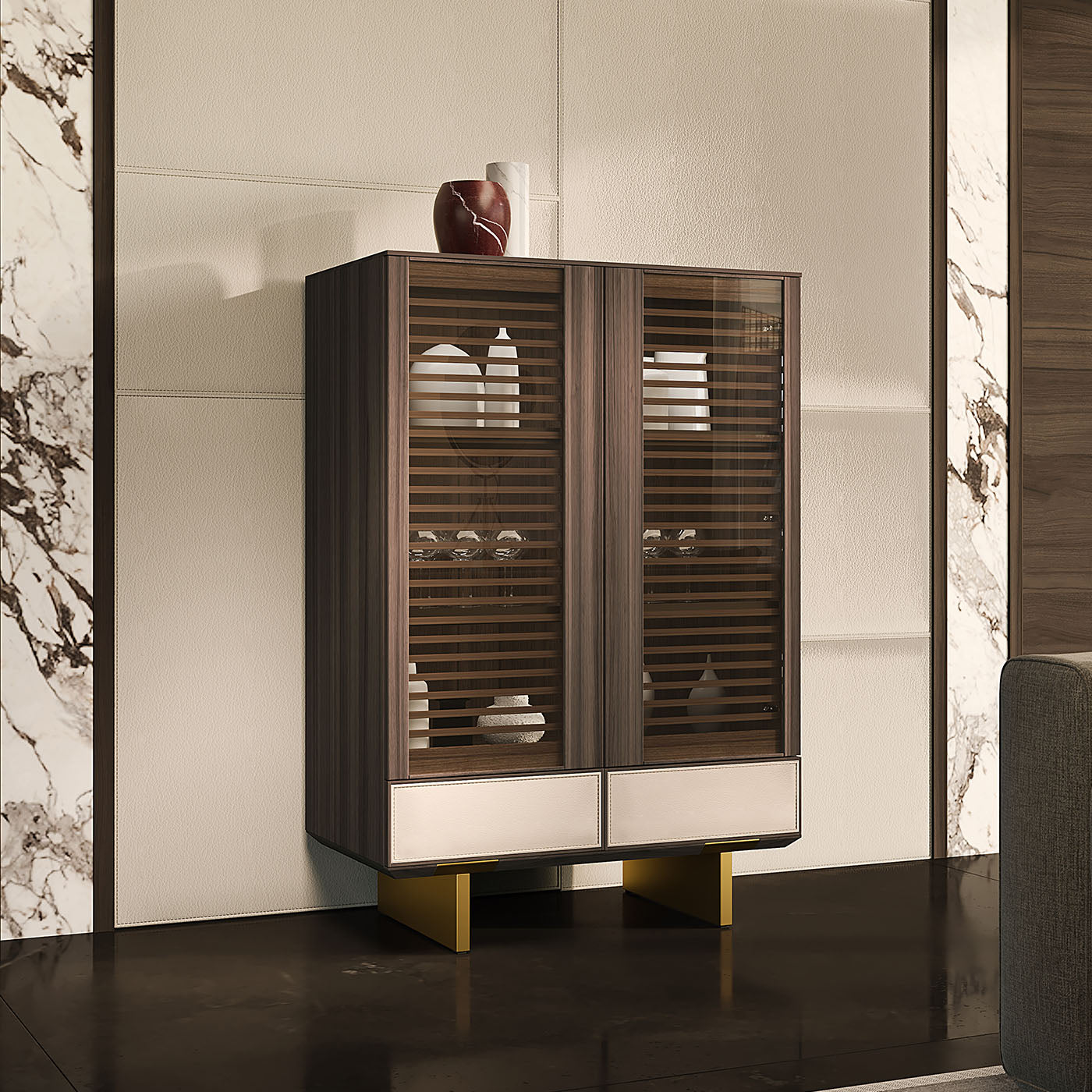 Solferino walnut Canaletto slatted glass doors leather drawer sideboard - Alternative view 5