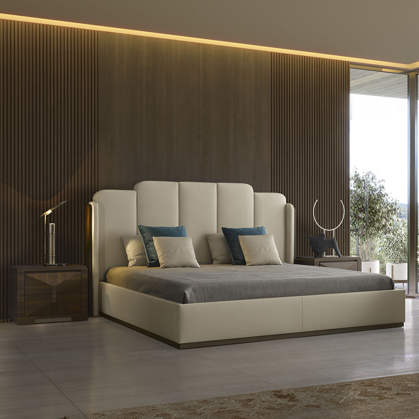 Milano Bed in Cappuccino Eco-Leather with Walnut Canaletto Panels - Alternative view 2