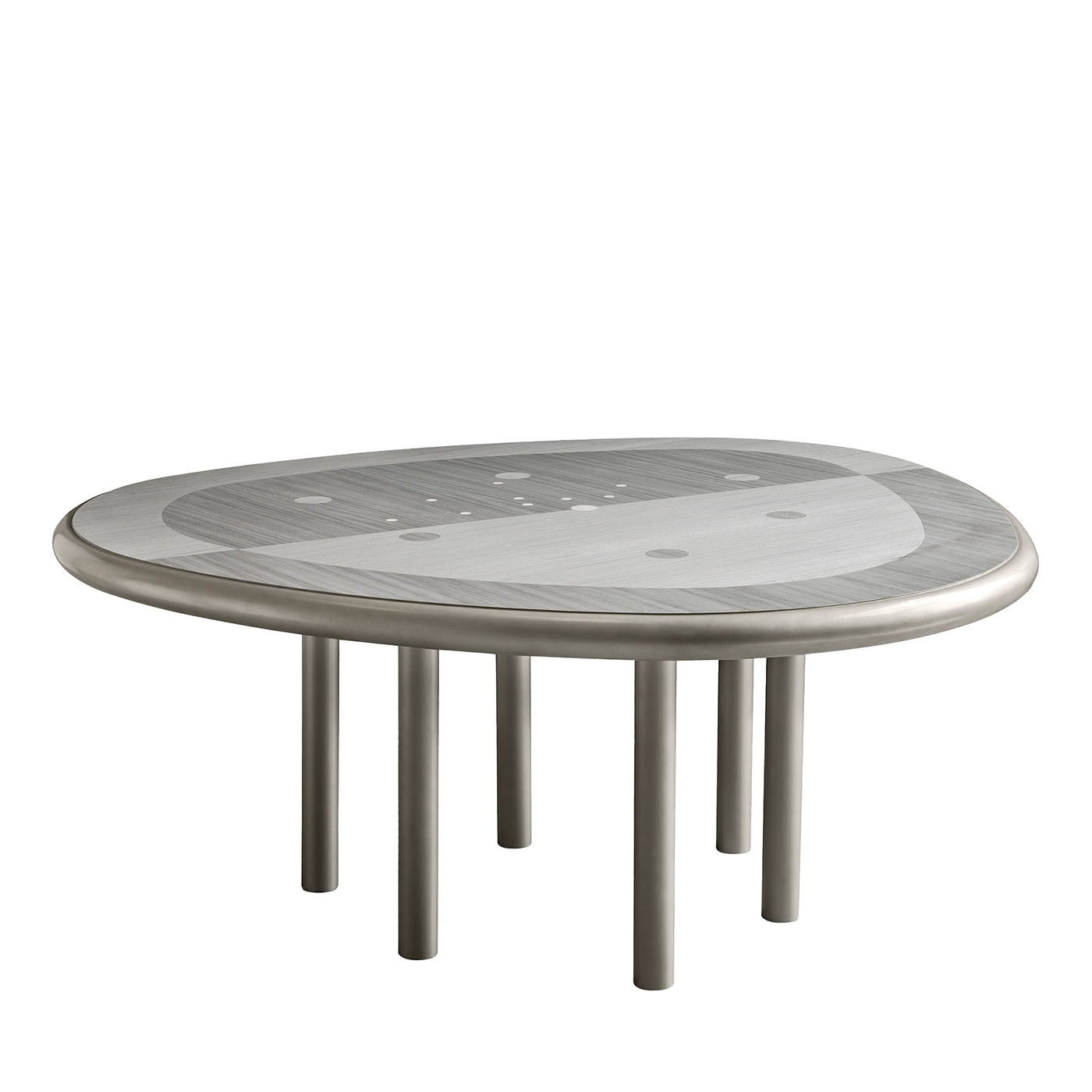 Tavolo da pranzo in metallo intarsiato con gocce d'argento e legno grigio  - Vista principale