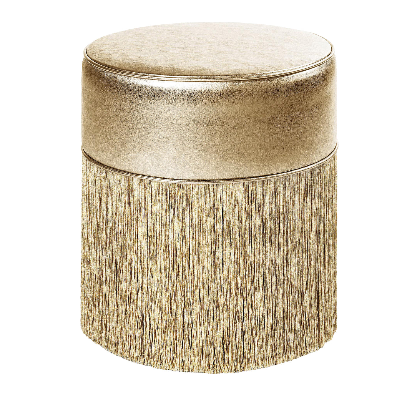 Pouf in pelle metallizzata color oro con frange in lurex - Vista principale