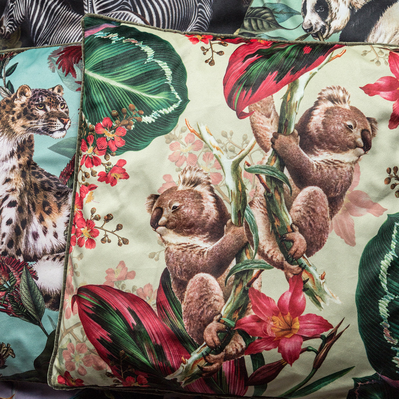 Animalia Velvet Cushion With Koalas And Pink Flowers - Alternative view 2