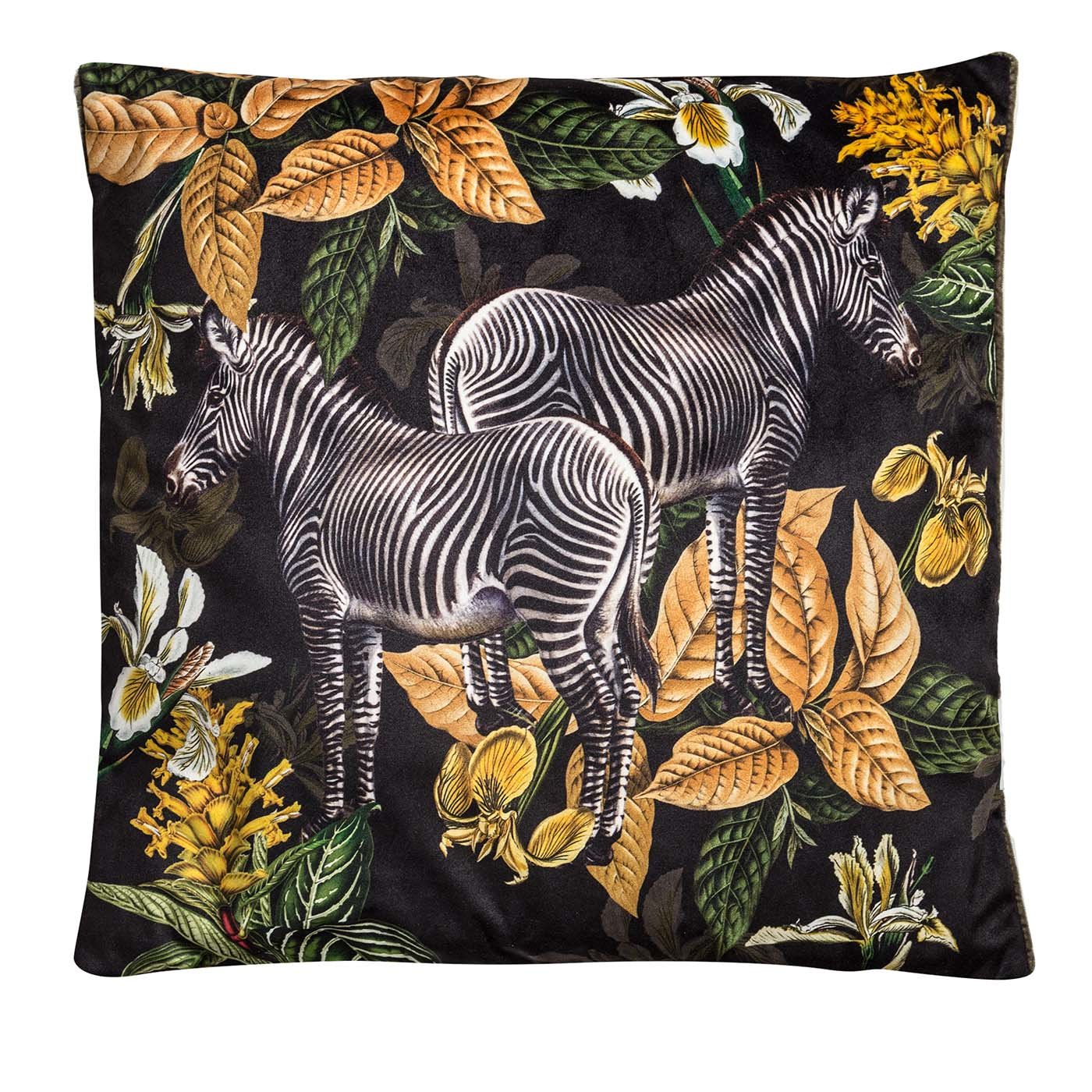 Animalia Velvet Cushion With Zebra And Yellow Flowers - Main view