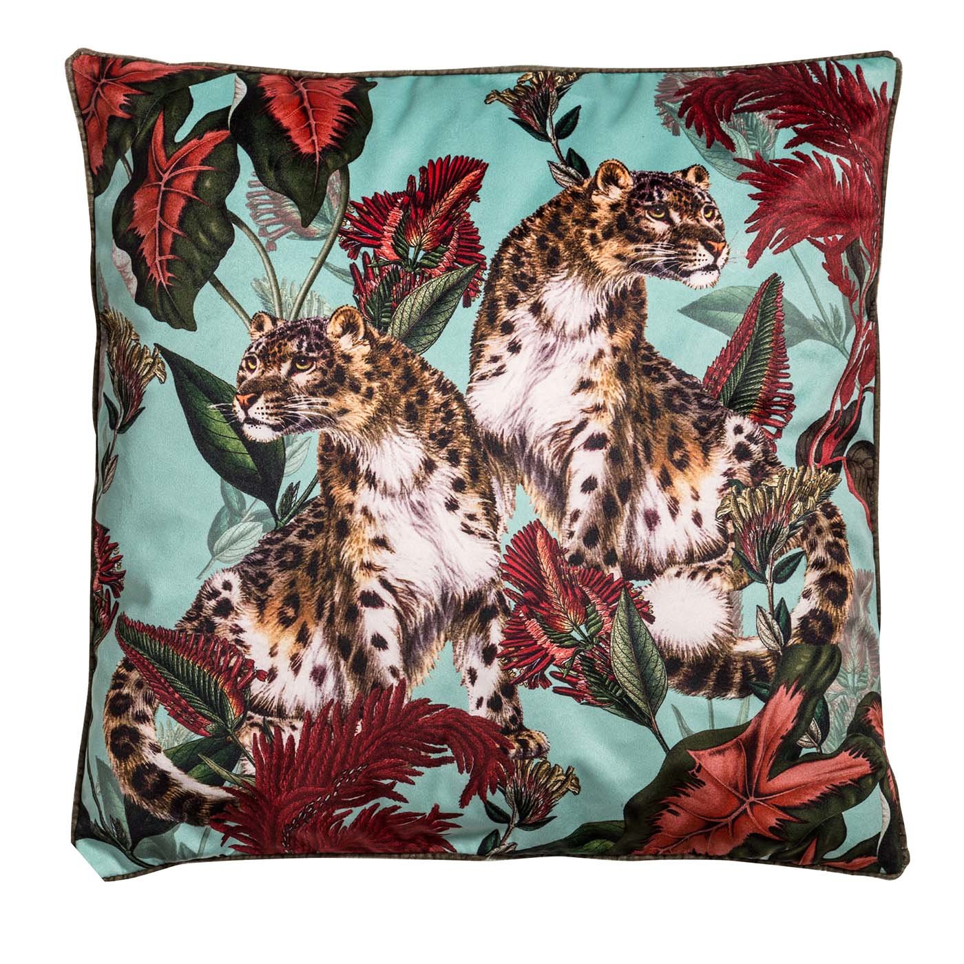 Animalia Velvet Cushion With Cheetahs And Red Vegetation - Main view