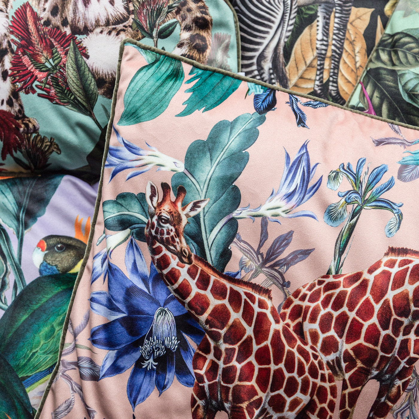 Animalia Velvet Cushion With Giraffes And Blue Flowers - Alternative view 1