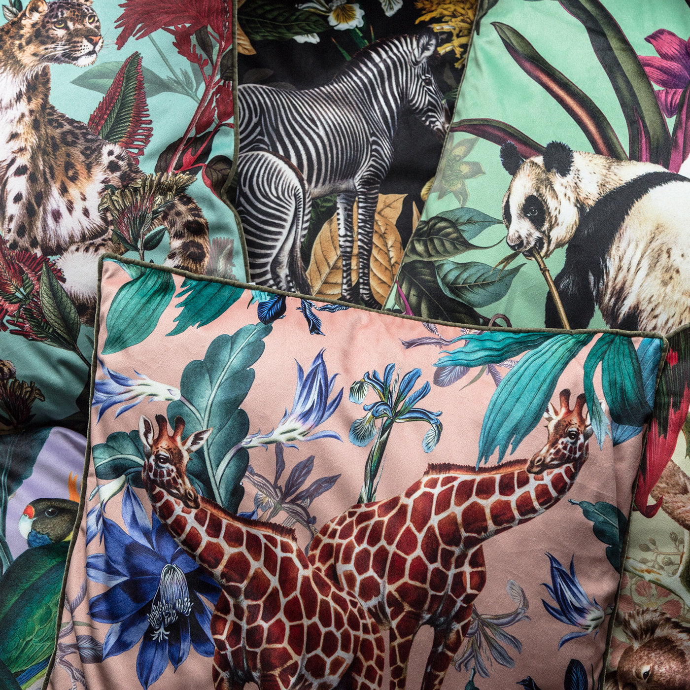 Animalia Velvet Cushion With Giraffes And Blue Flowers - Alternative view 2