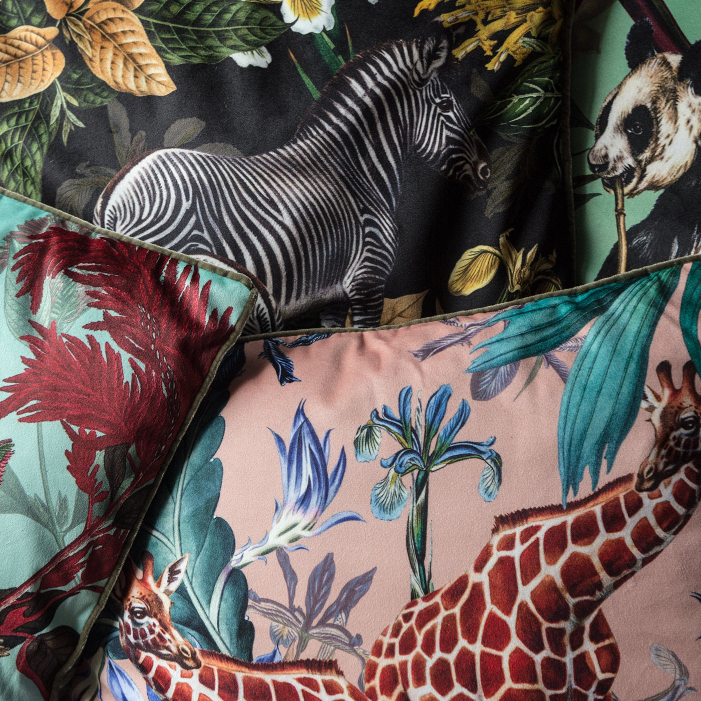 Animalia Velvet Cushion With Giraffes And Blue Flowers - Alternative view 3