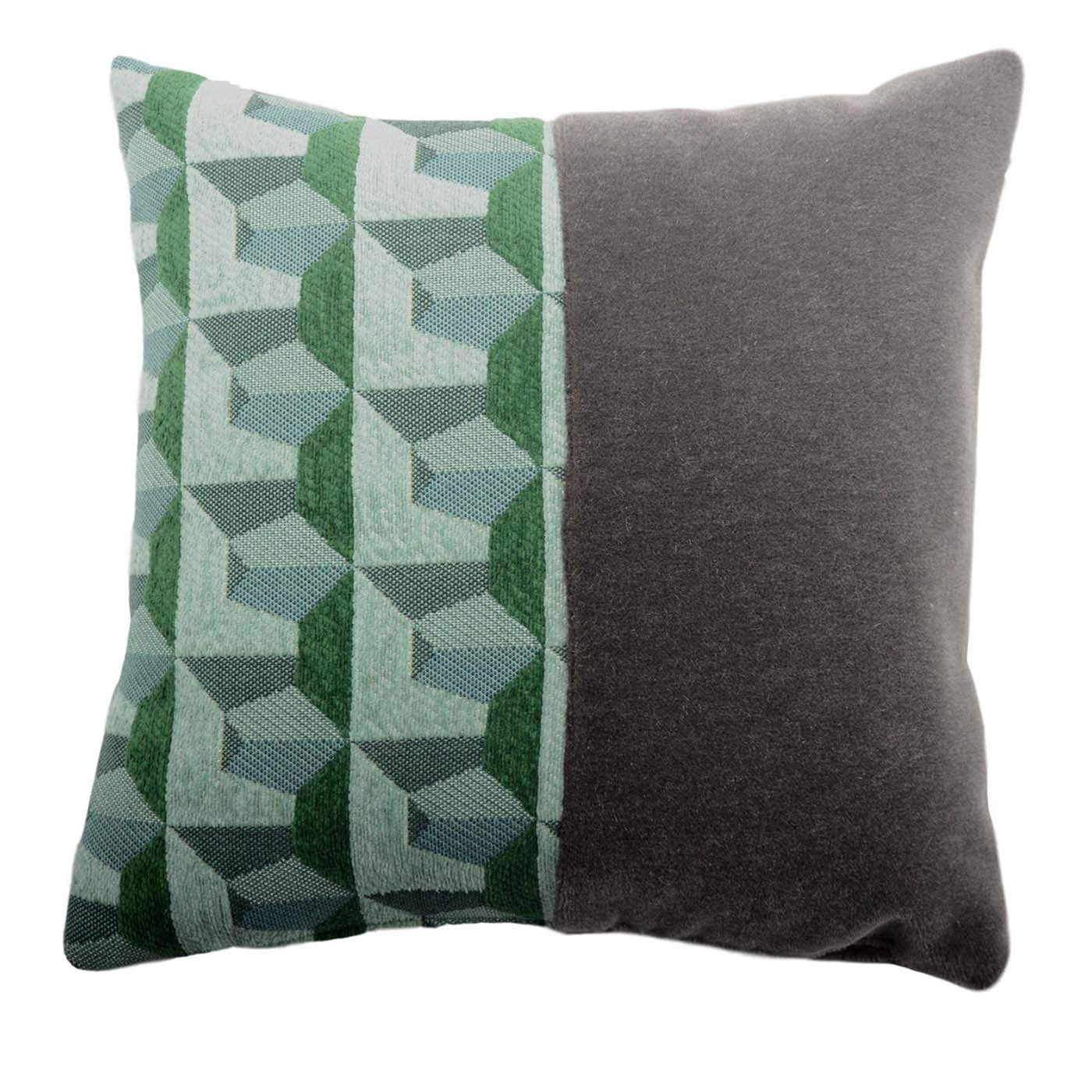 Green Carrè Bis Cushion in geometric jacquard fabric and kid mohair velvet - Main view