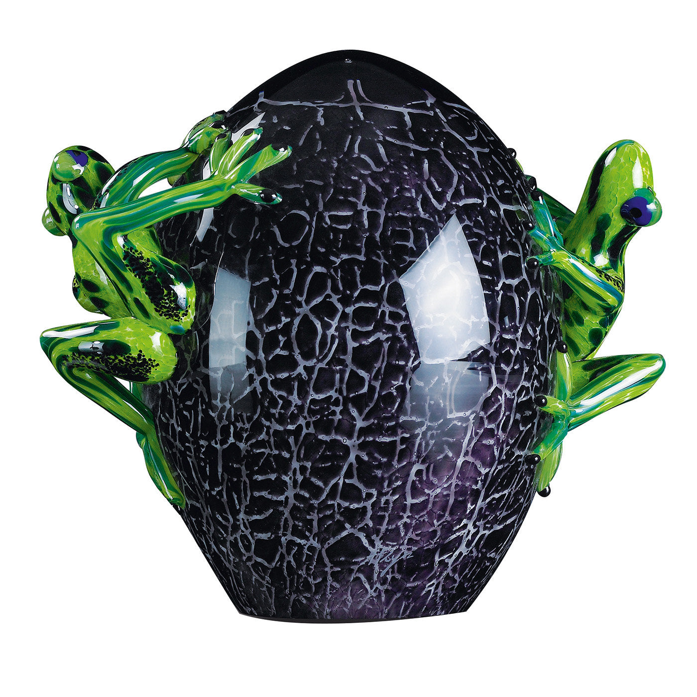 Schwarzes Crackled-Glas-Ei mit grünen Fröschen - Hauptansicht