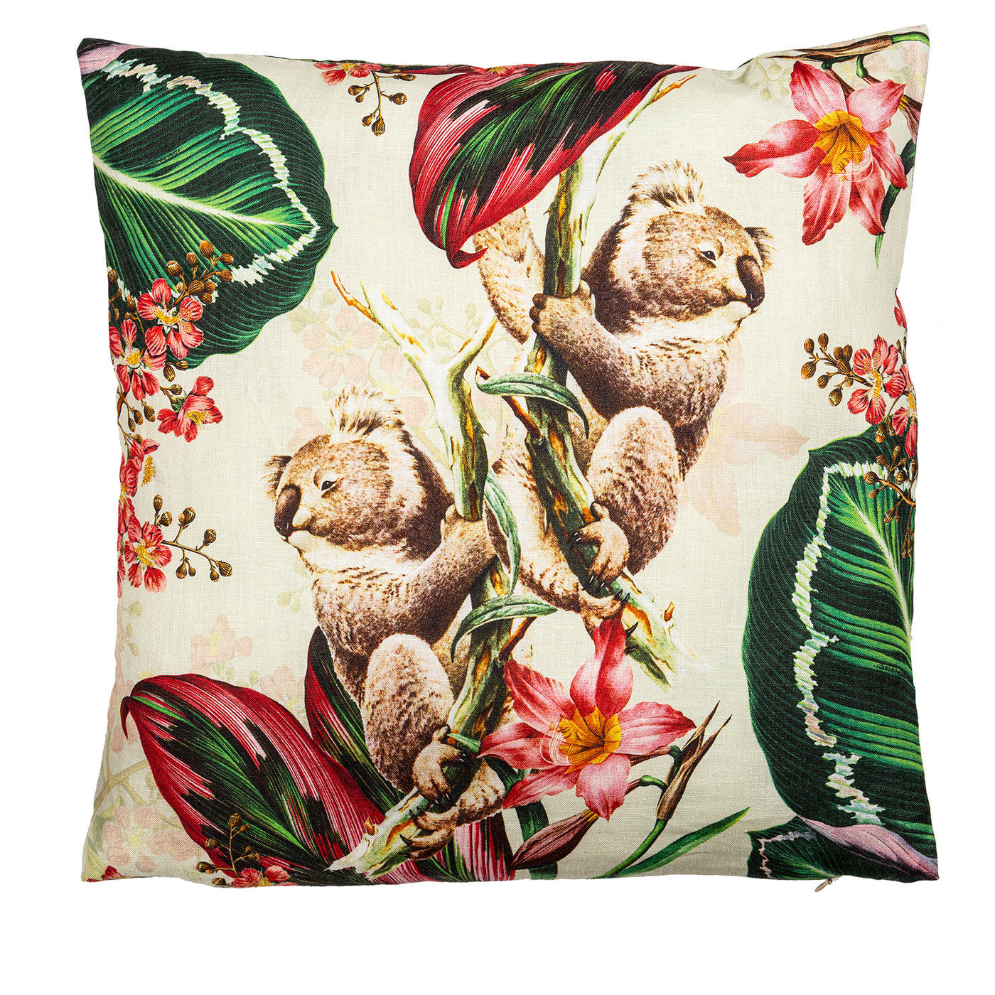Cojín de lino Animalia con koalas y flores rosas - Vista principal